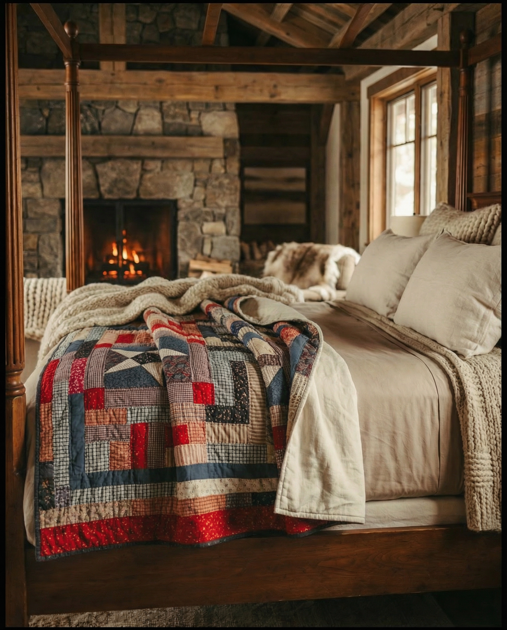 Handmade Patchwork Star Quilt – Americana Folk Textile (45" x 45")