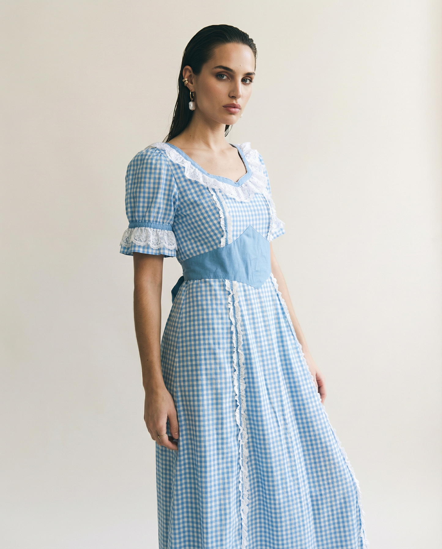 Vintage Prairie Gingham Lace Trim Maxi Dress