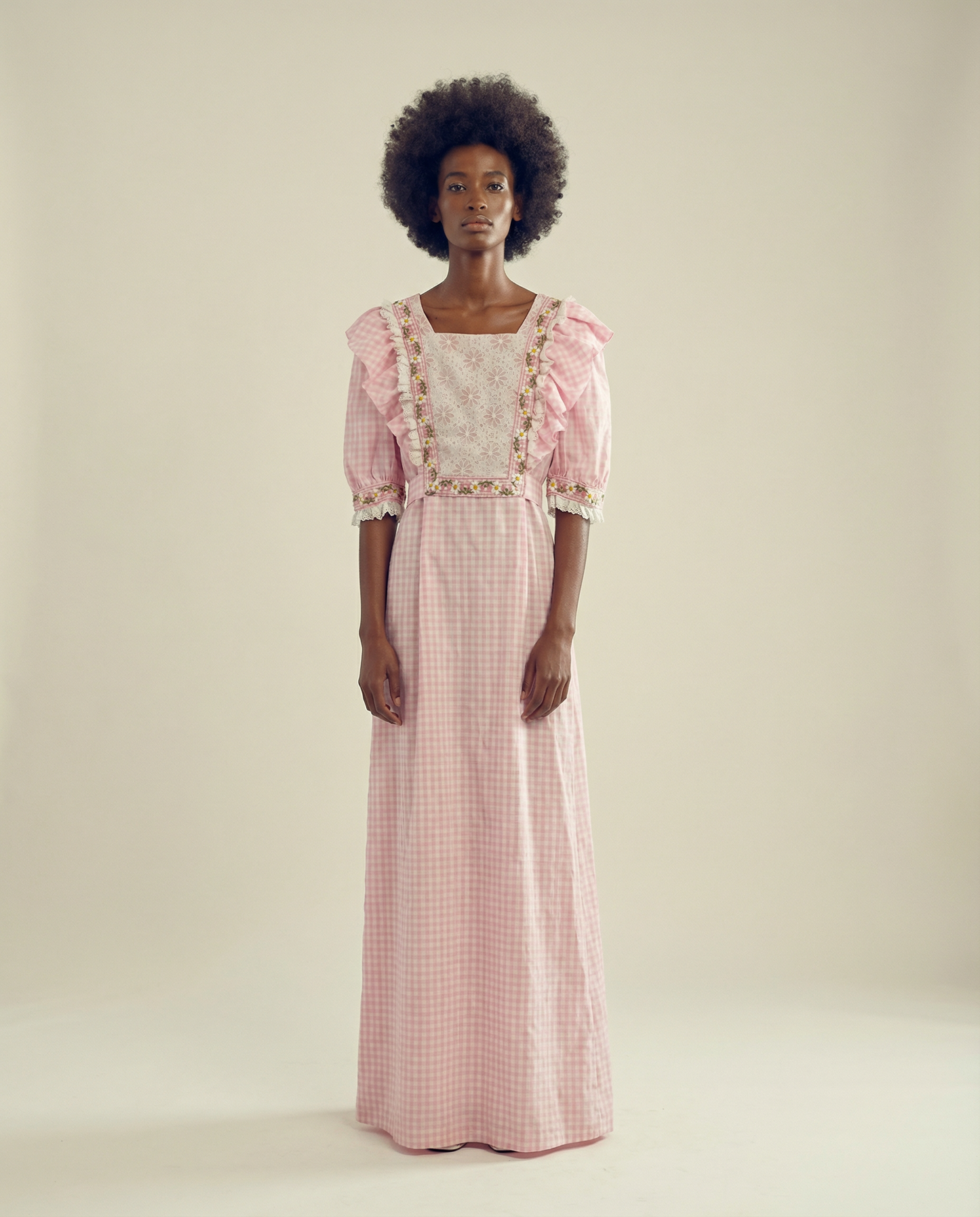 Vintage Pink Gingham Lace Trim Prairie Maxi Dress