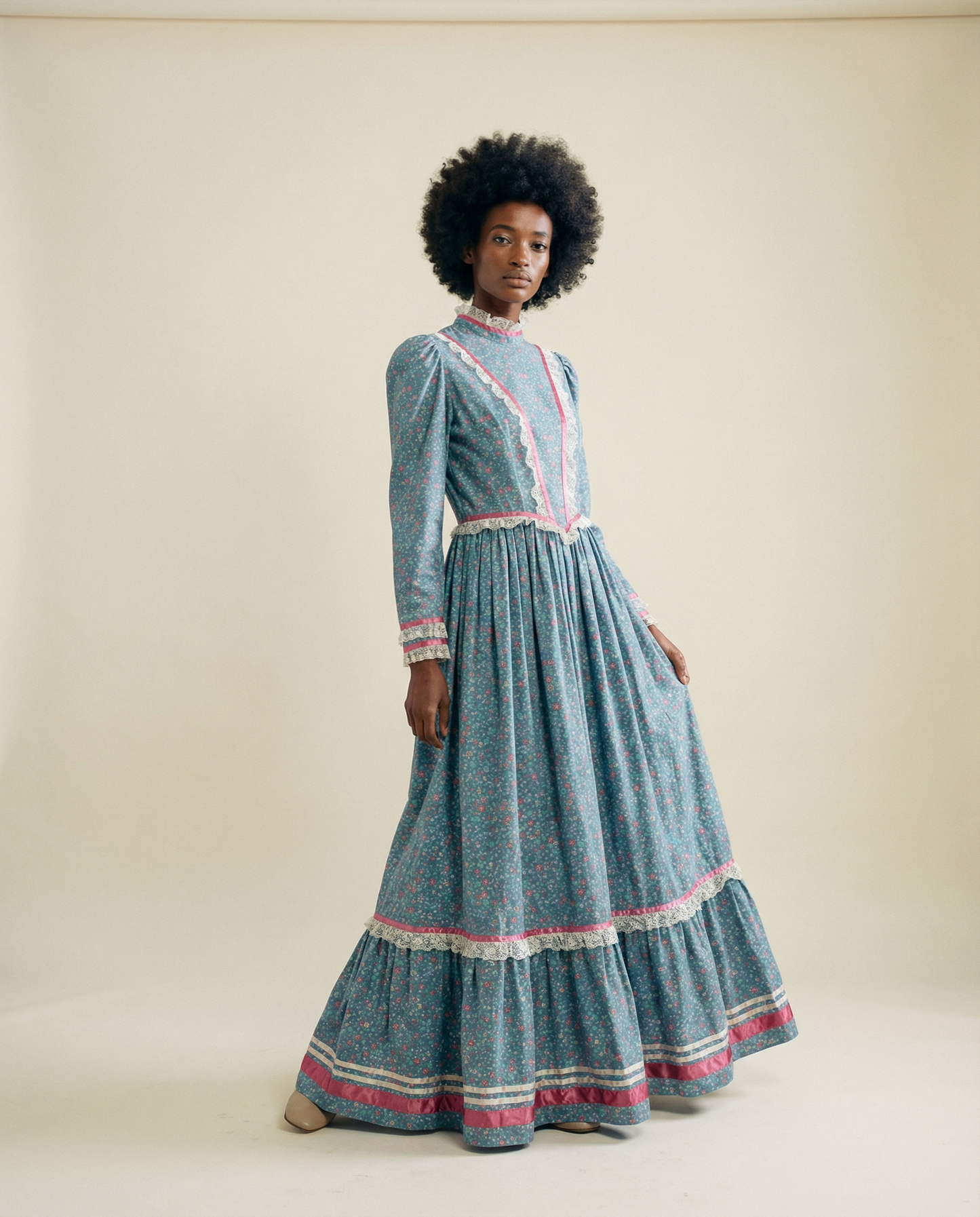 Vintage Victorian Prairie Lace Trim Maxi Dress