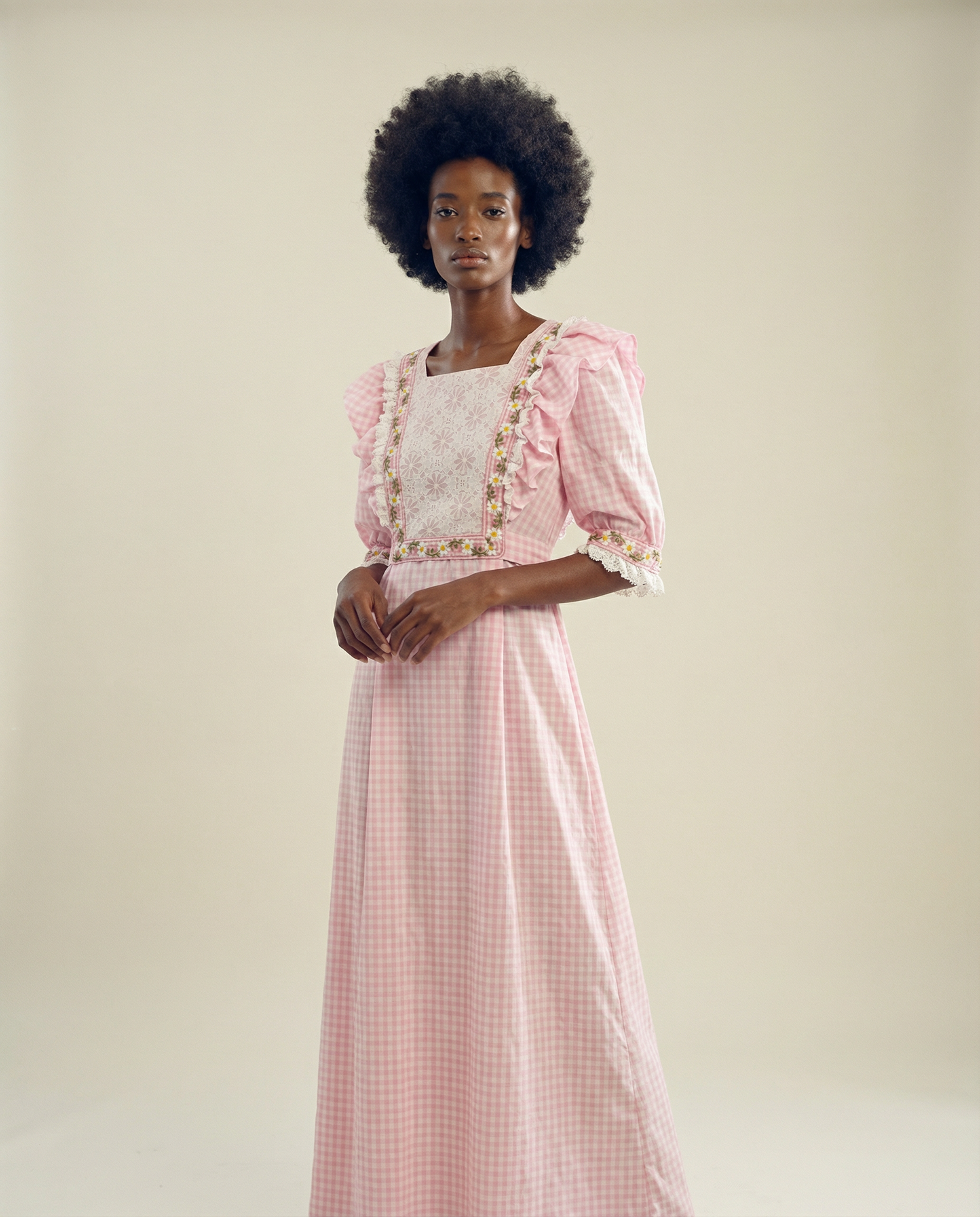 Vintage Pink Gingham Lace Trim Prairie Maxi Dress