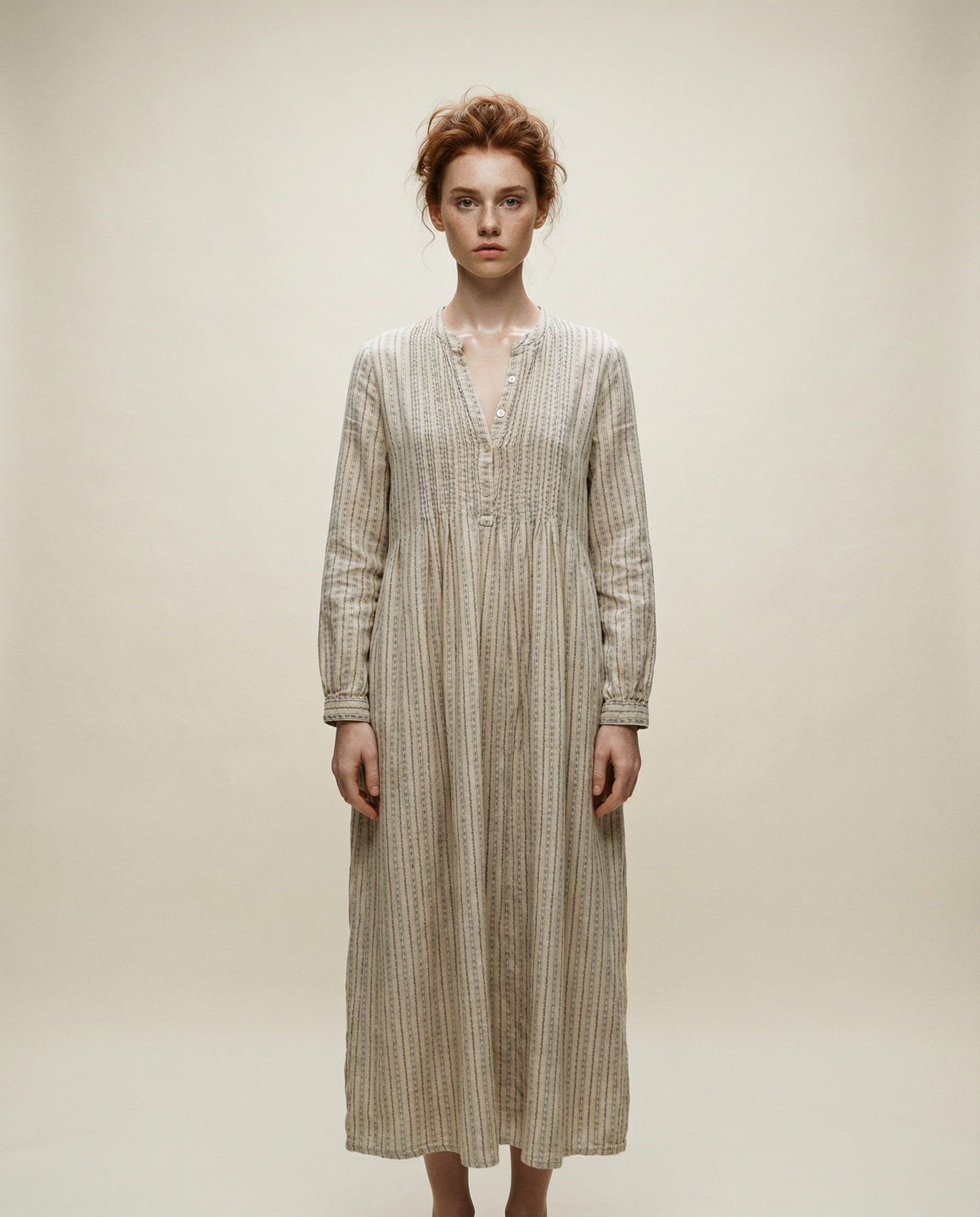 Vintage Neutral Stripe Cotton Prairie Maxi Dress - M
