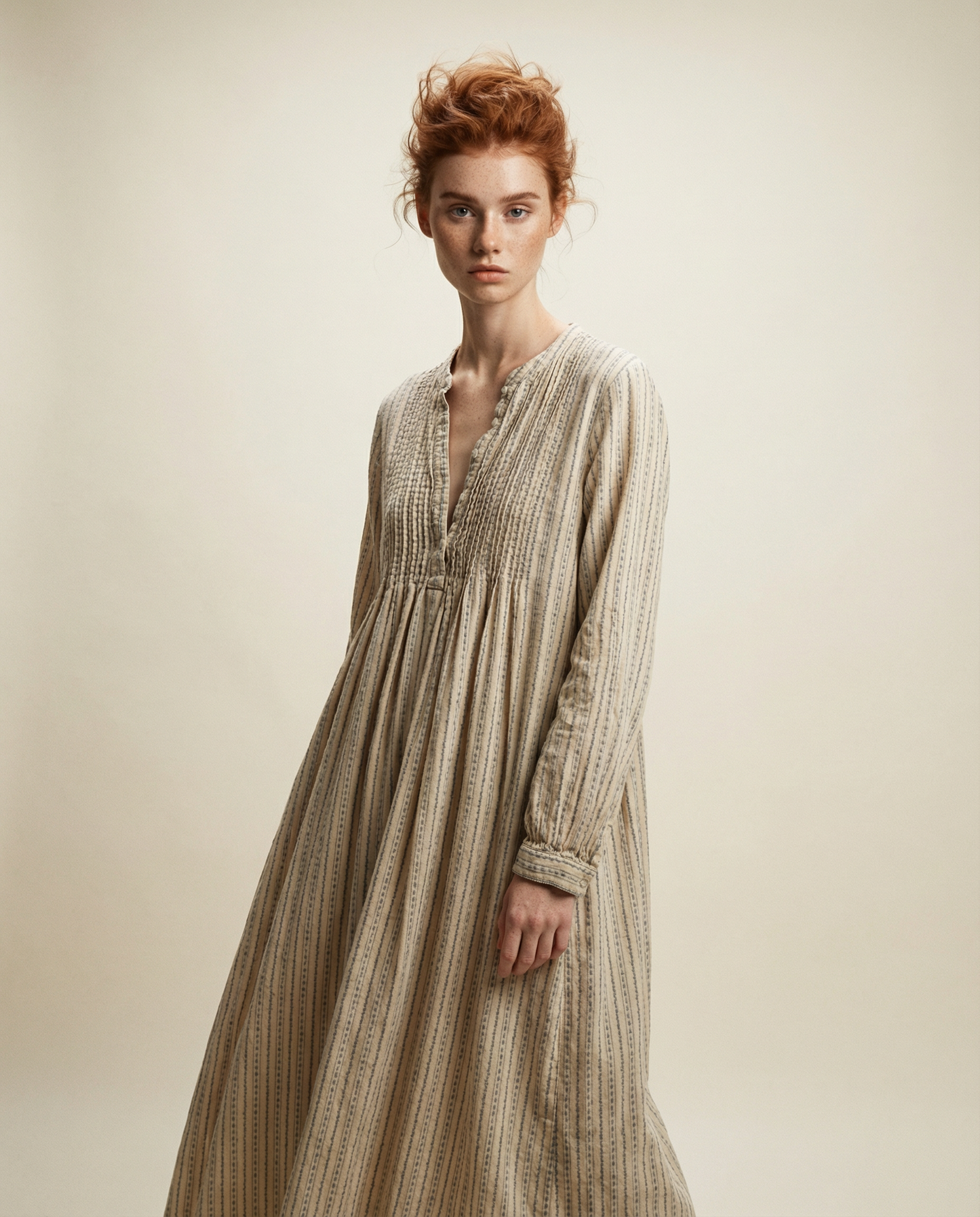 Vintage Neutral Stripe Cotton Prairie Maxi Dress - M