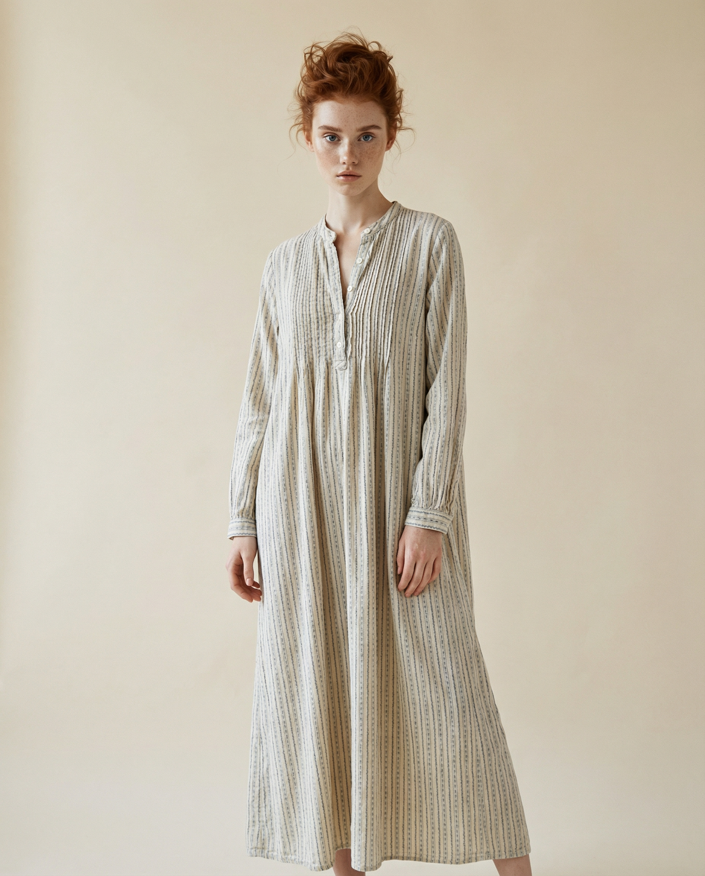 Vintage Neutral Stripe Cotton Prairie Maxi Dress - M