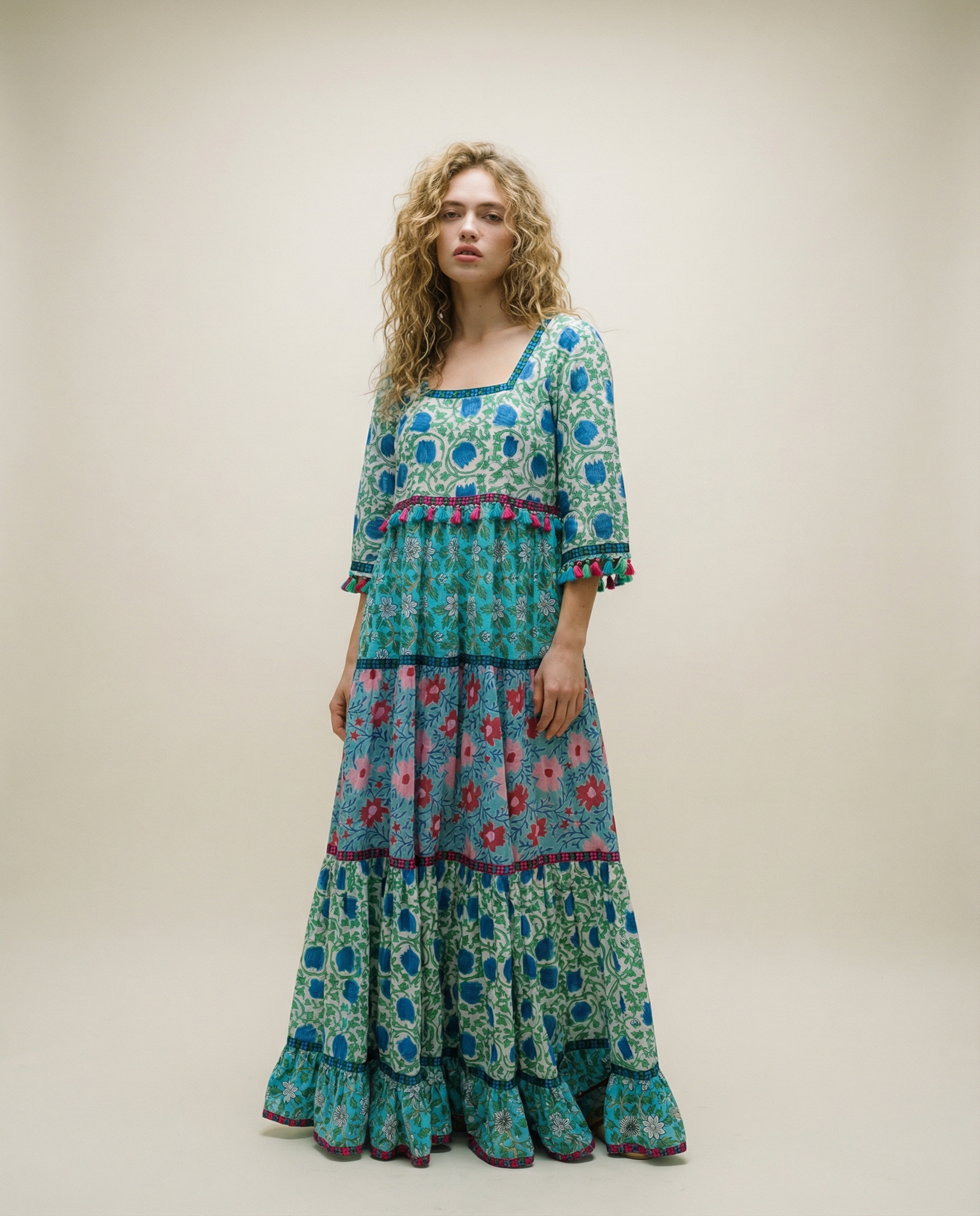 Boho Patchwork Floral Maxi Dress with Tassel Trim