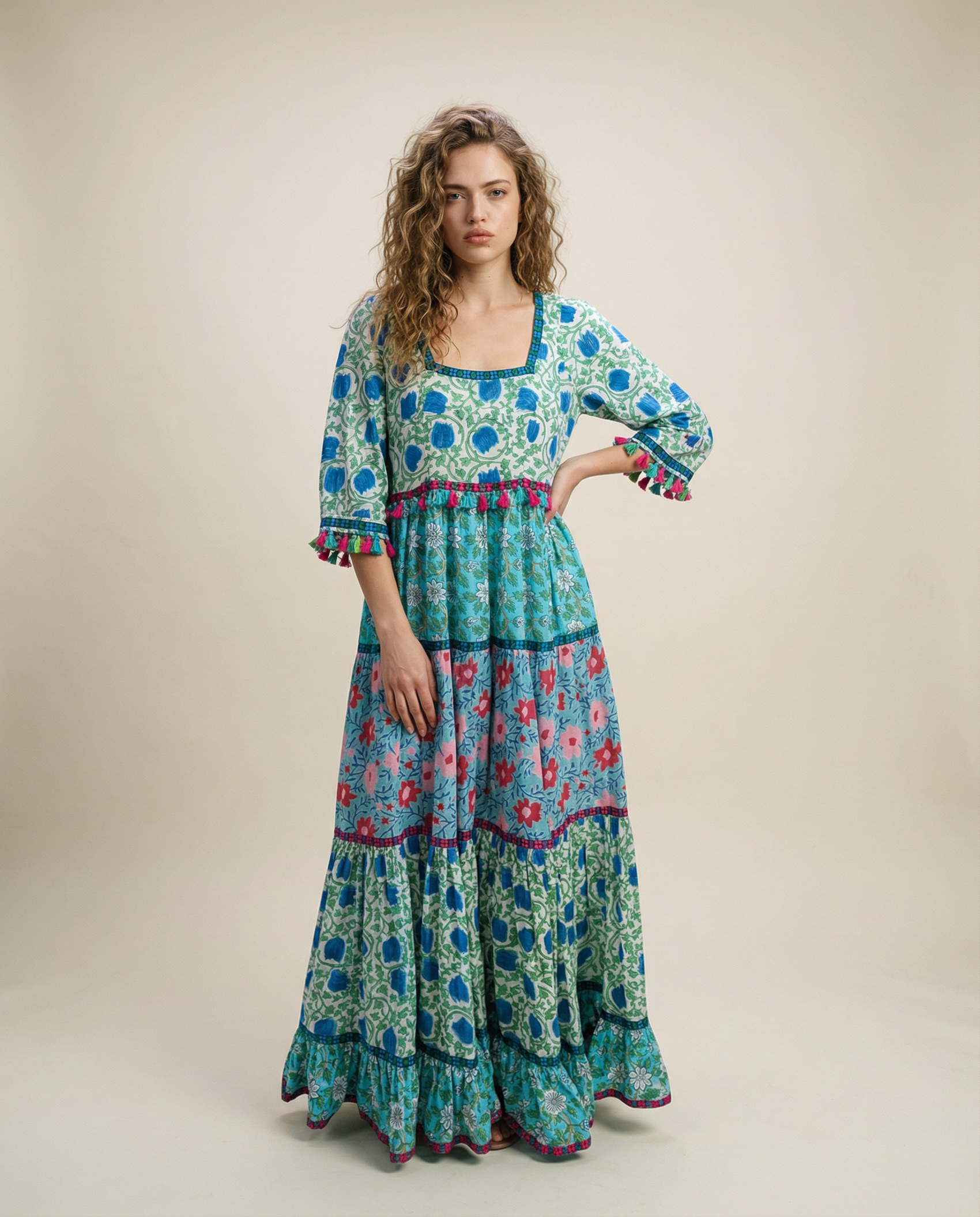 Boho Patchwork Floral Maxi Dress with Tassel Trim