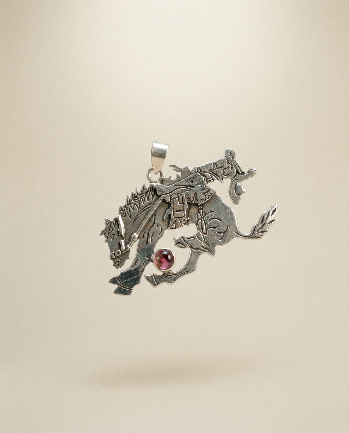 Sterling Silver Horse & Rider Pendant with Rose Dahlia Stone