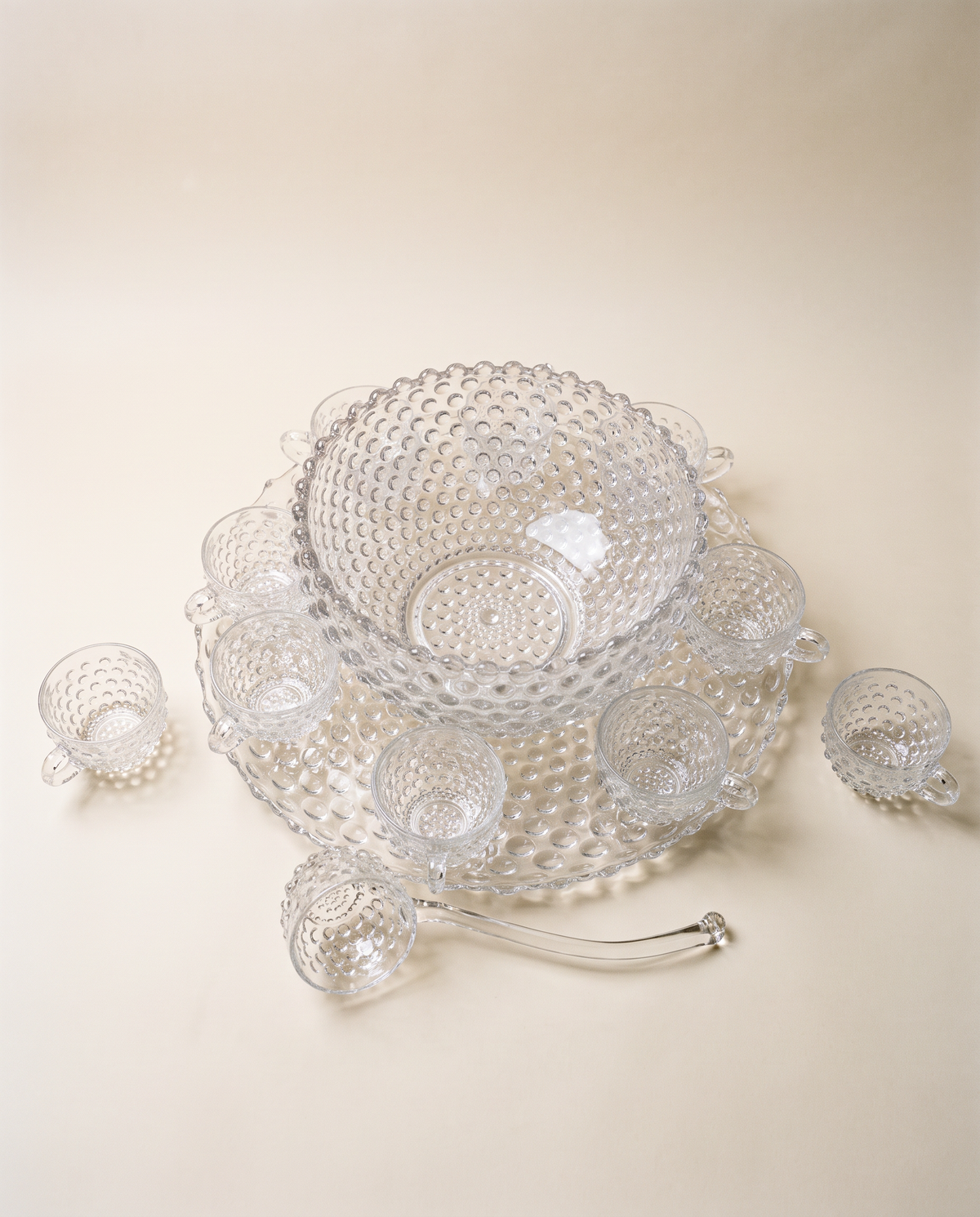 Vintage Clear Hobnail Glass Punch Bowl Set with Cups & Ladle
