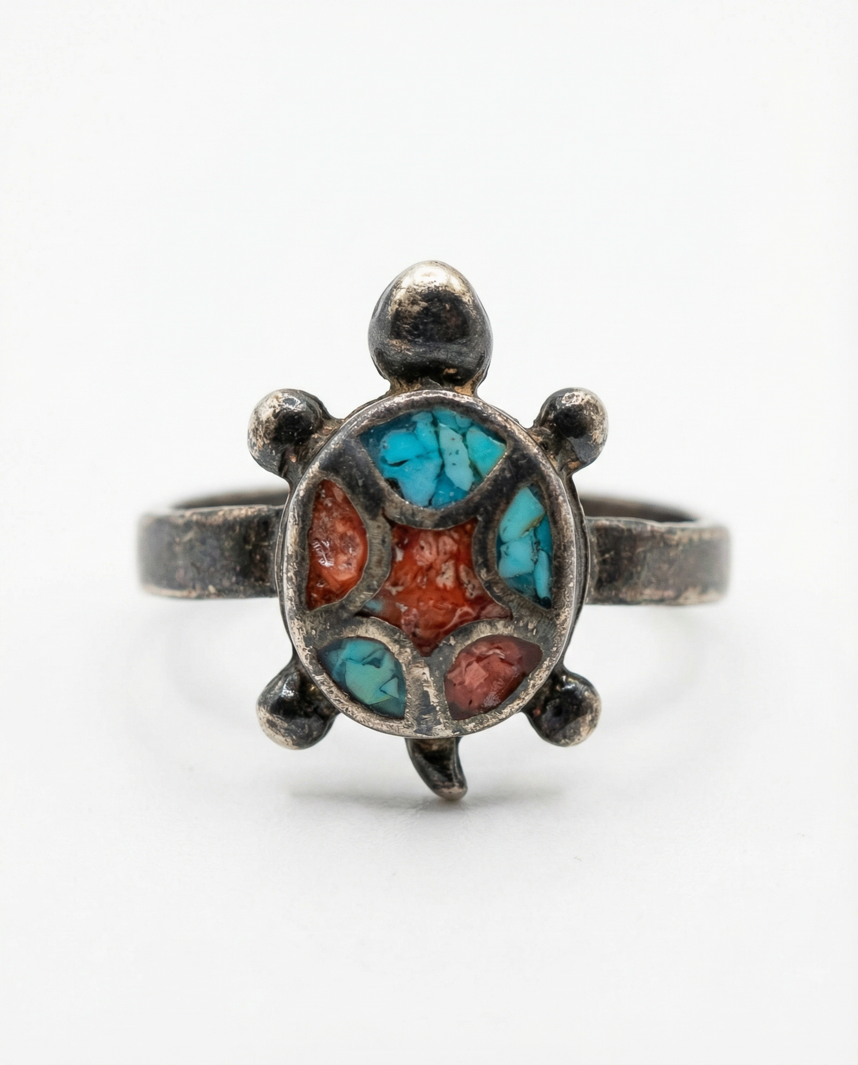 Vintage Turquoise & Coral Inlay Ring – Size 8