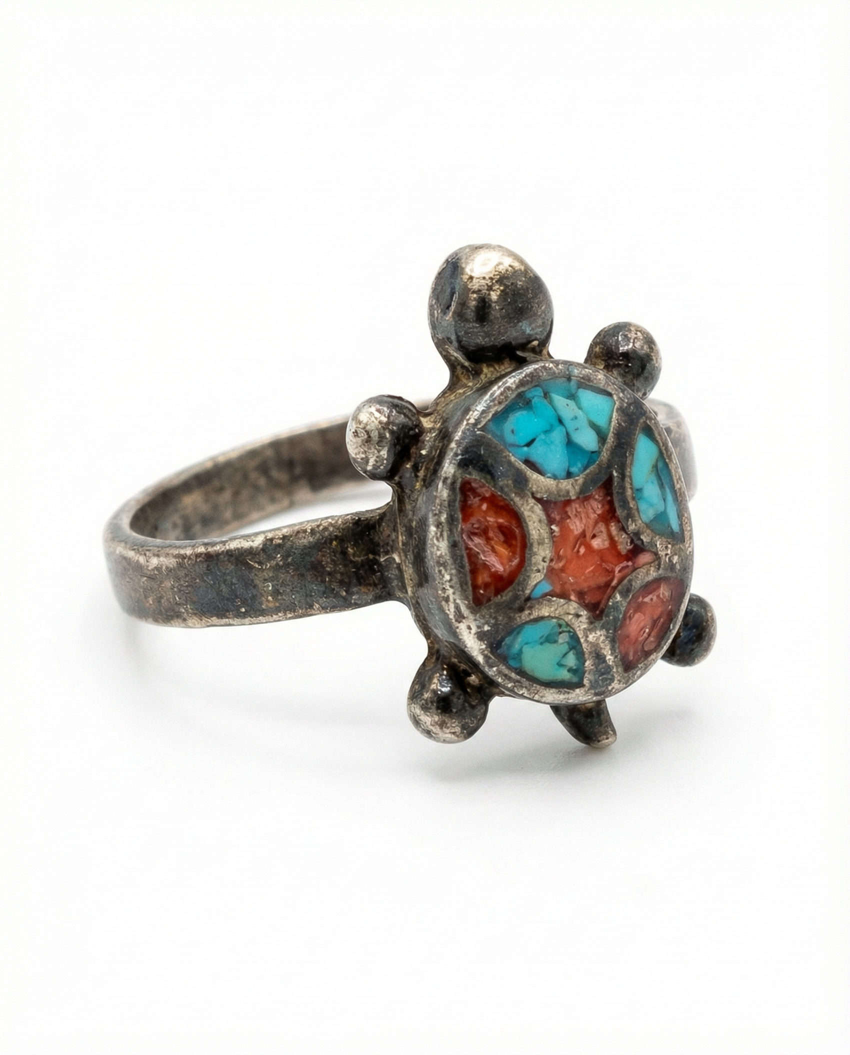 Vintage Turquoise & Coral Inlay Ring – Size 8