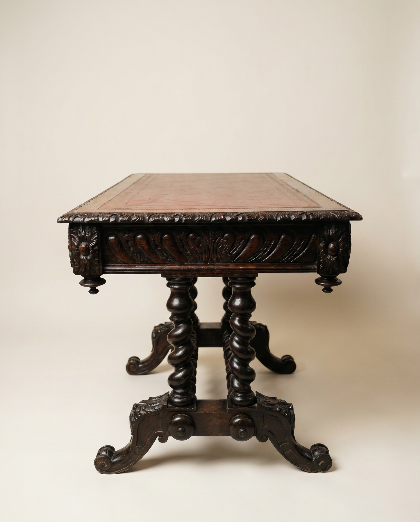 Antique English Jacobean Revival Carved Oak Library Writing Table by Hobbs & Co. London
