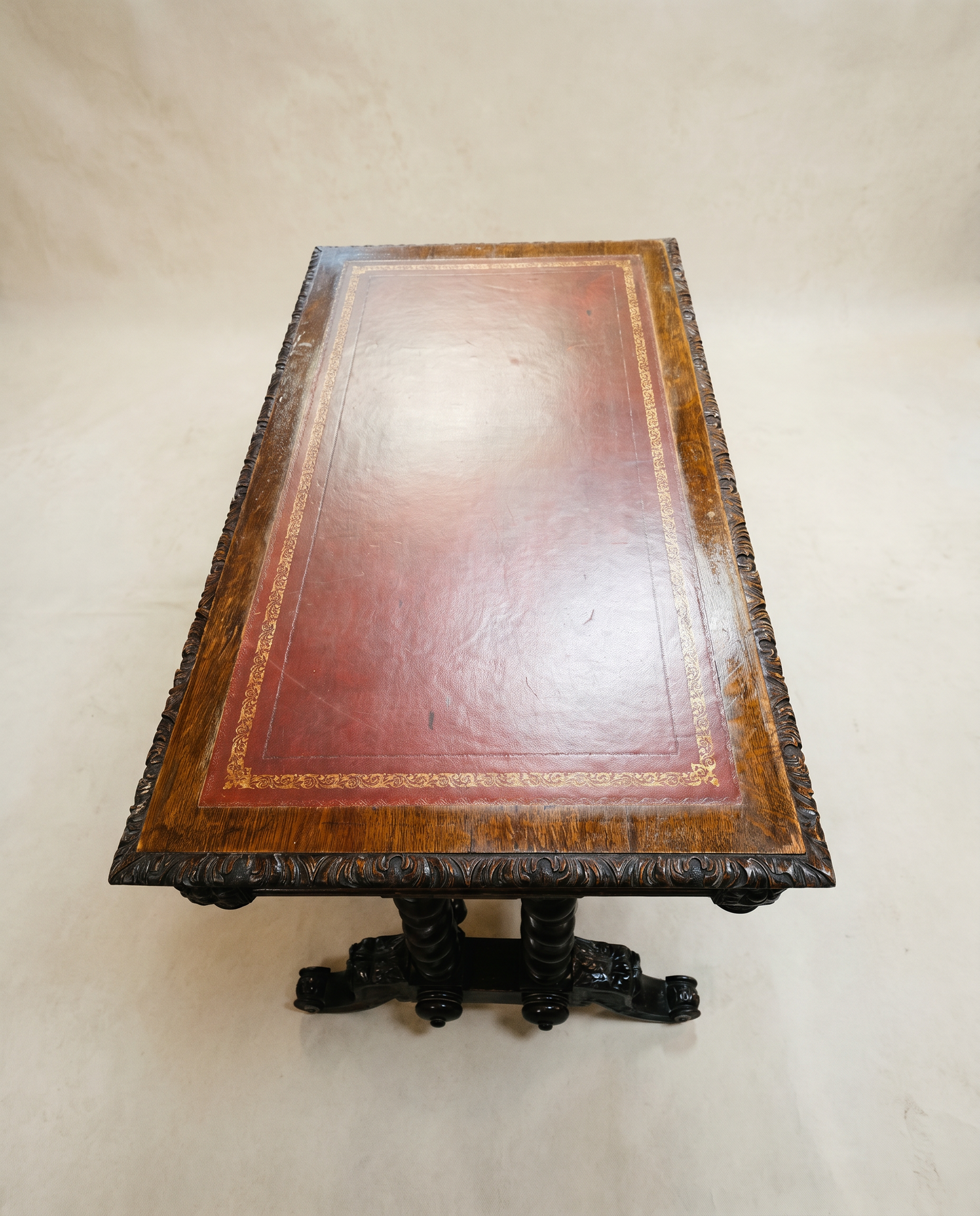 Antique English Jacobean Revival Carved Oak Library Writing Table by Hobbs & Co. London
