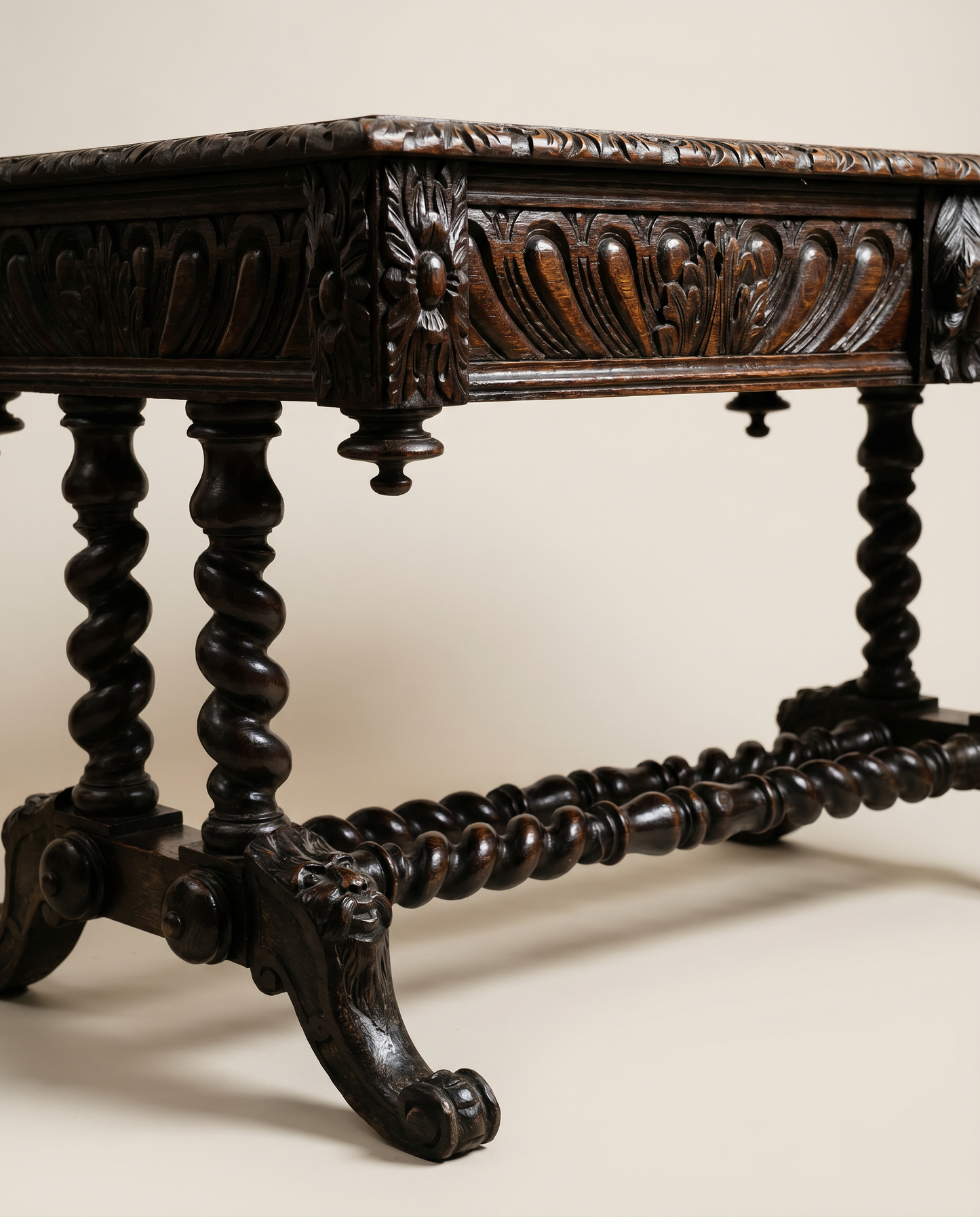 Antique English Jacobean Revival Carved Oak Library Writing Table by Hobbs & Co. London