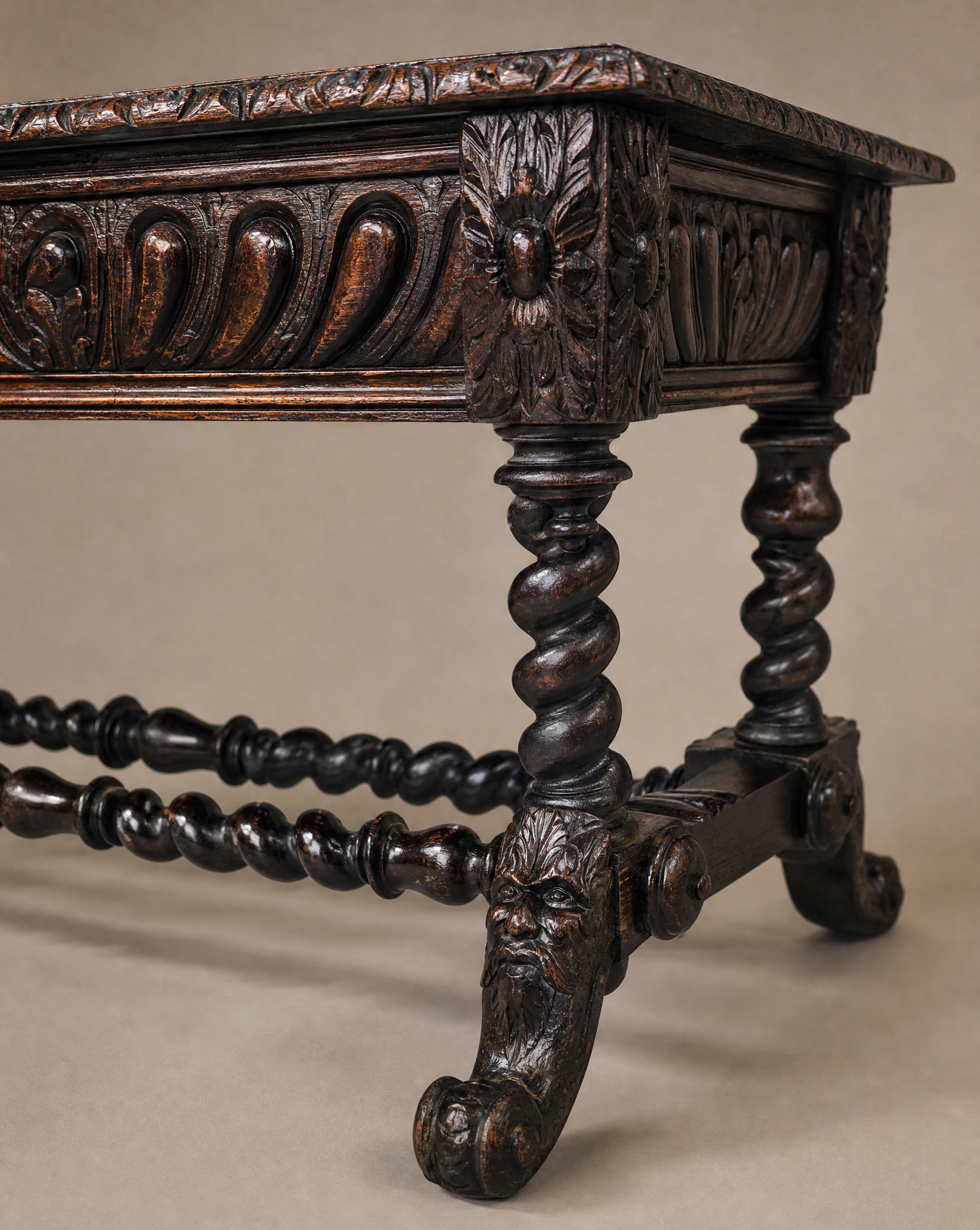 Antique English Jacobean Revival Carved Oak Library Writing Table by Hobbs & Co. London