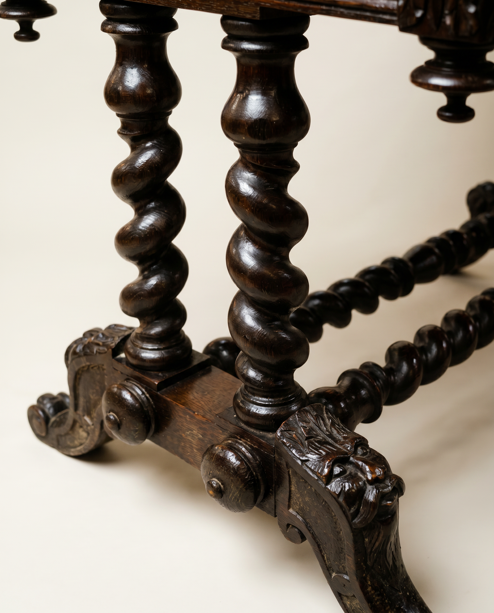 Antique English Jacobean Revival Carved Oak Library Writing Table by Hobbs & Co. London