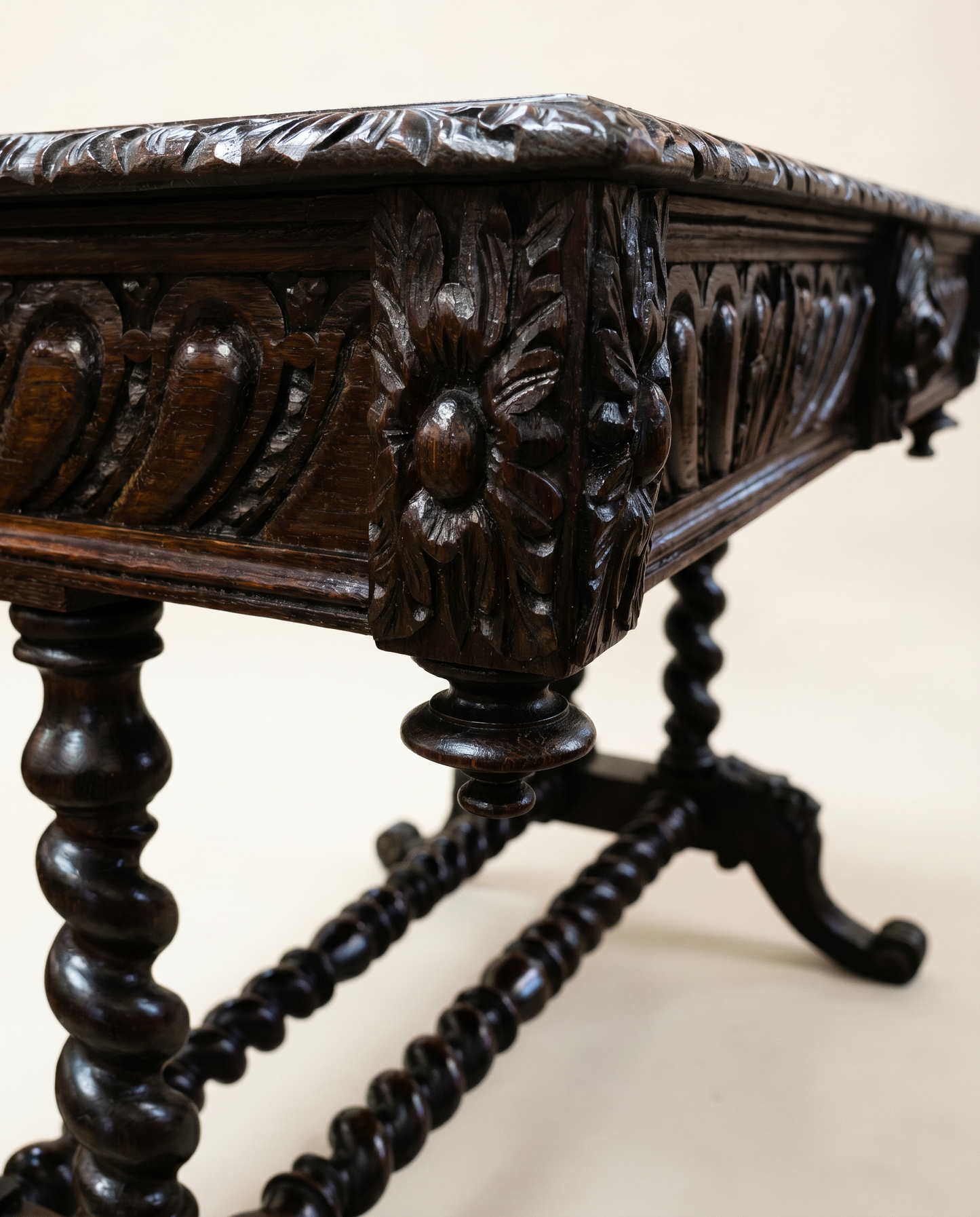Antique English Jacobean Revival Carved Oak Library Writing Table by Hobbs & Co. London