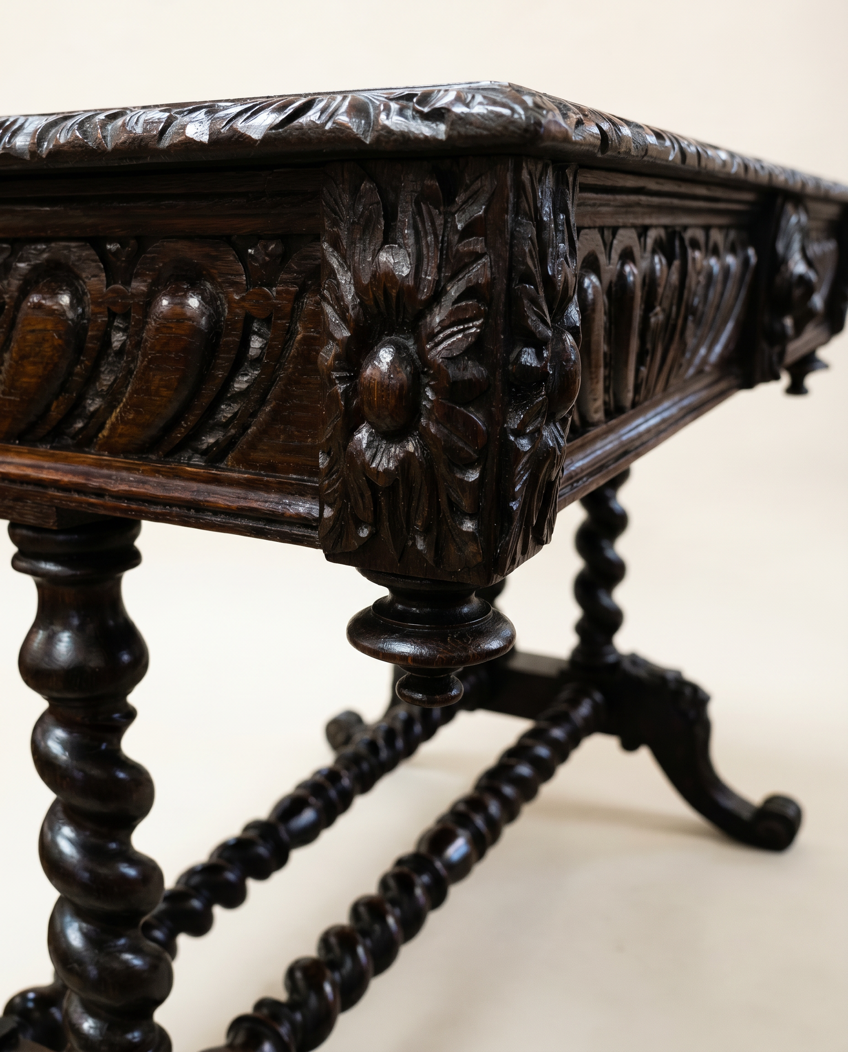 Antique English Jacobean Revival Carved Oak Library Writing Table by Hobbs & Co. London