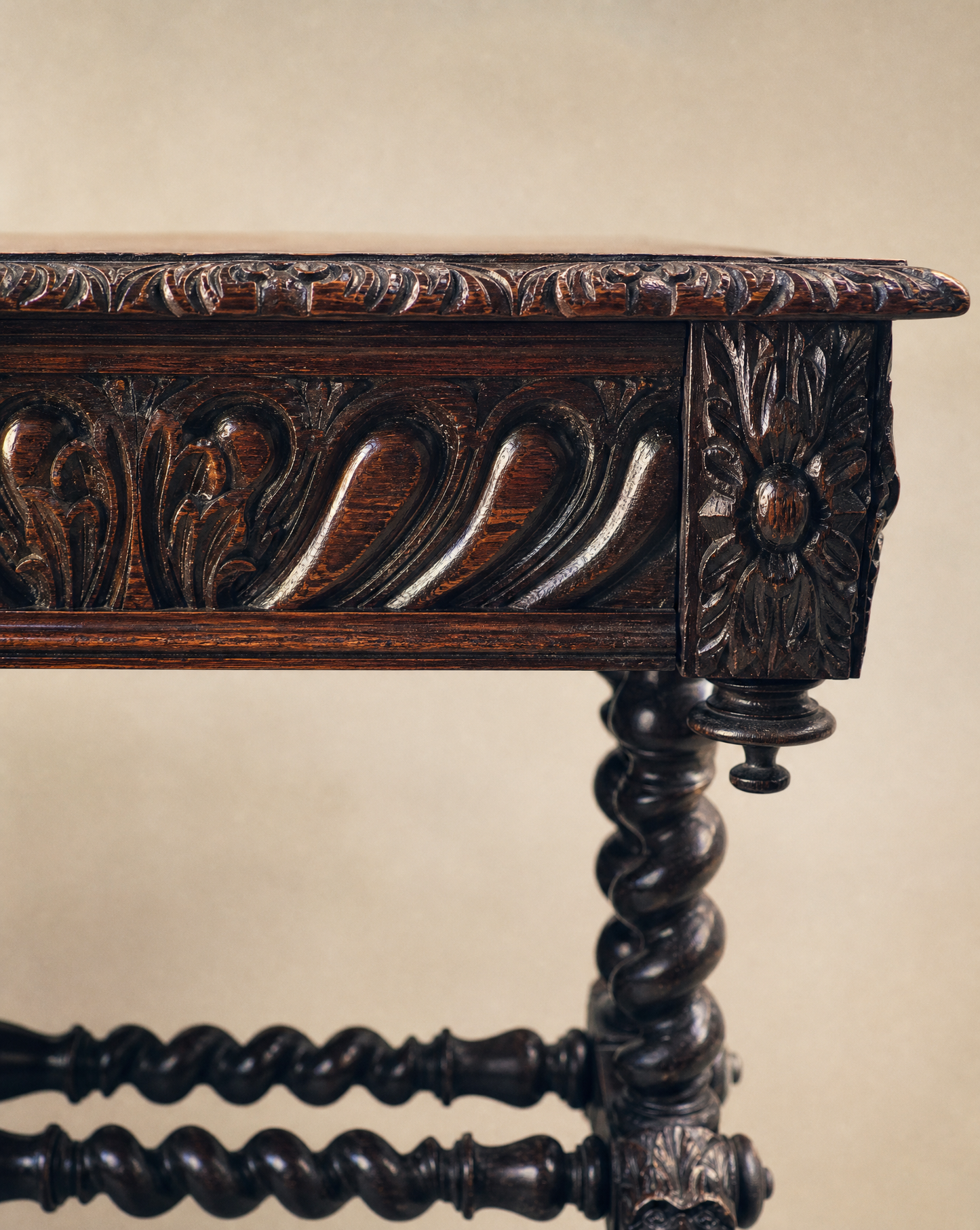 Antique English Jacobean Revival Carved Oak Library Writing Table by Hobbs & Co. London
