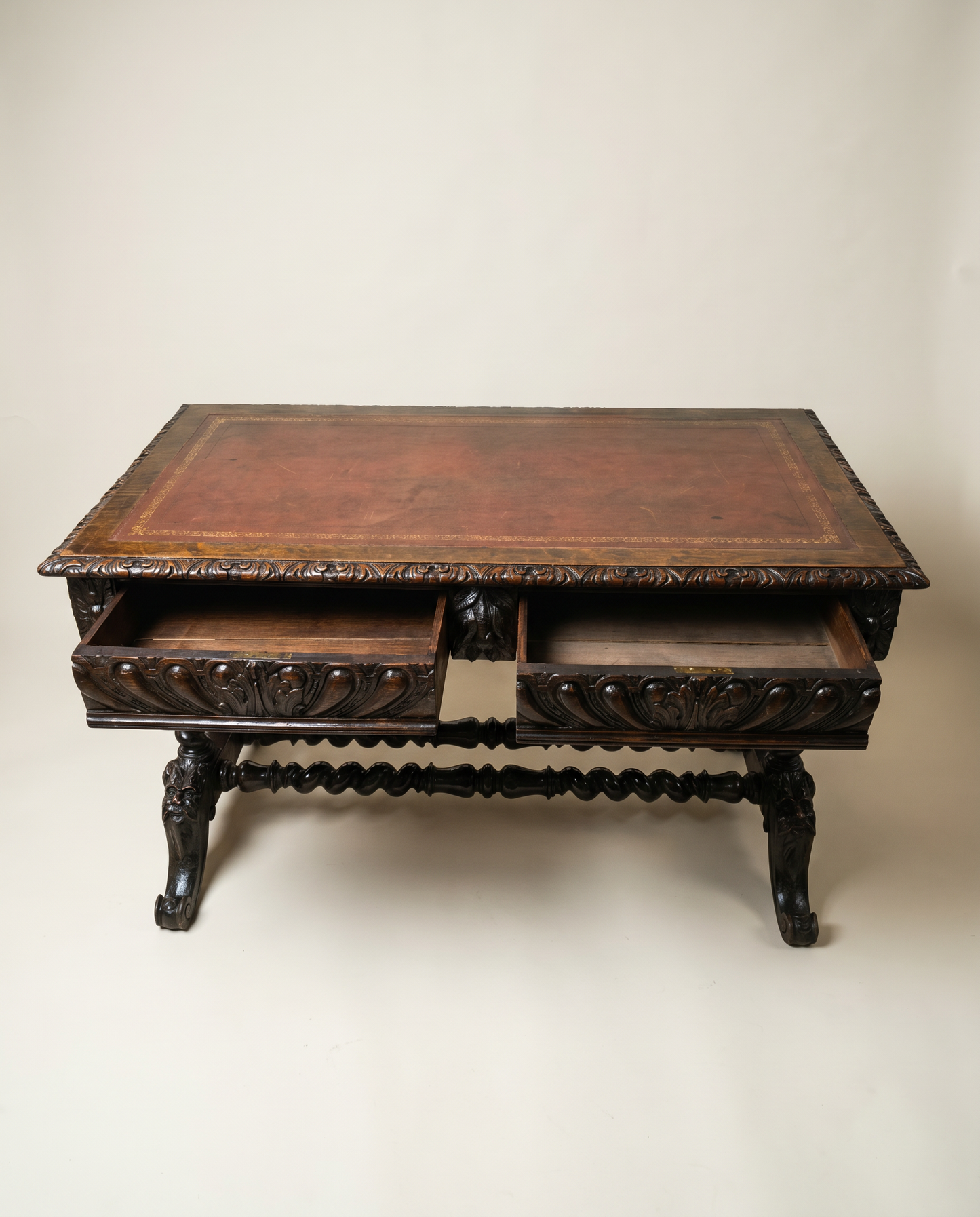 Antique English Jacobean Revival Carved Oak Library Writing Table by Hobbs & Co. London