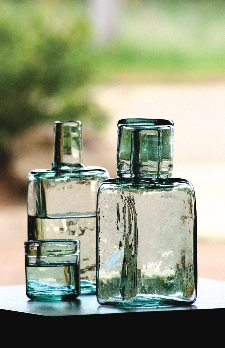 Hand-Blown Green Glass Bedside Carafe & Drinking Glass
