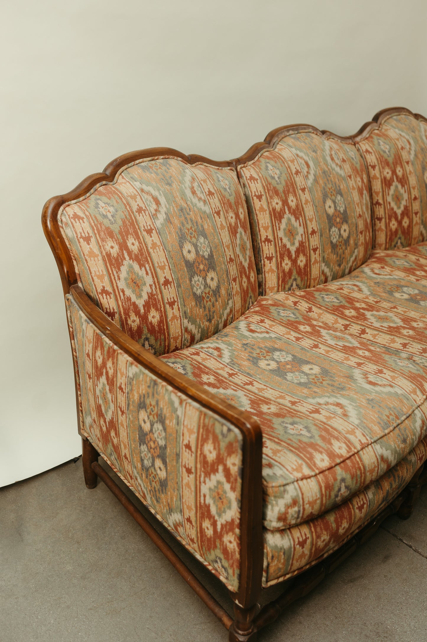 Southwestern-Inspired Vintage 3-Seat Wood Frame Sofa