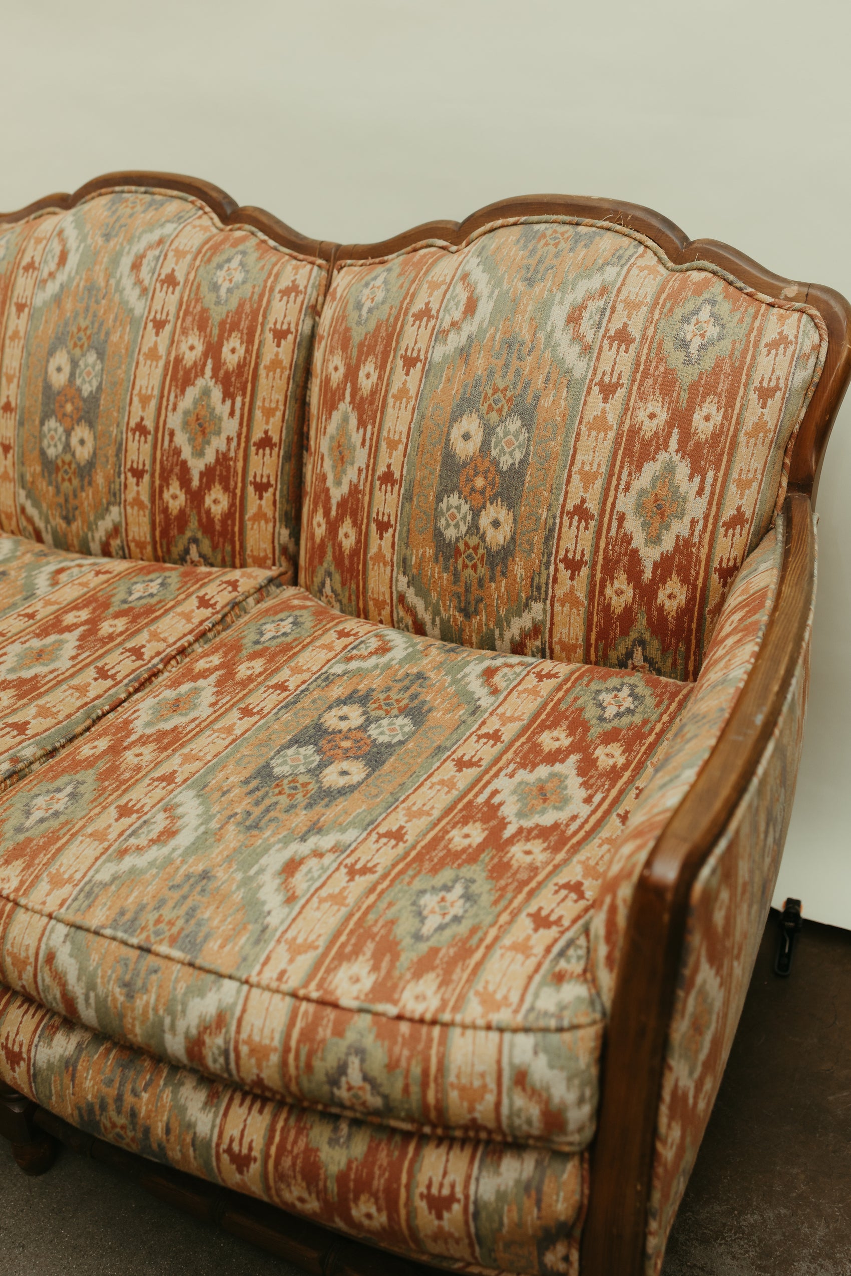 Southwestern-Inspired Vintage 3-Seat Wood Frame Sofa