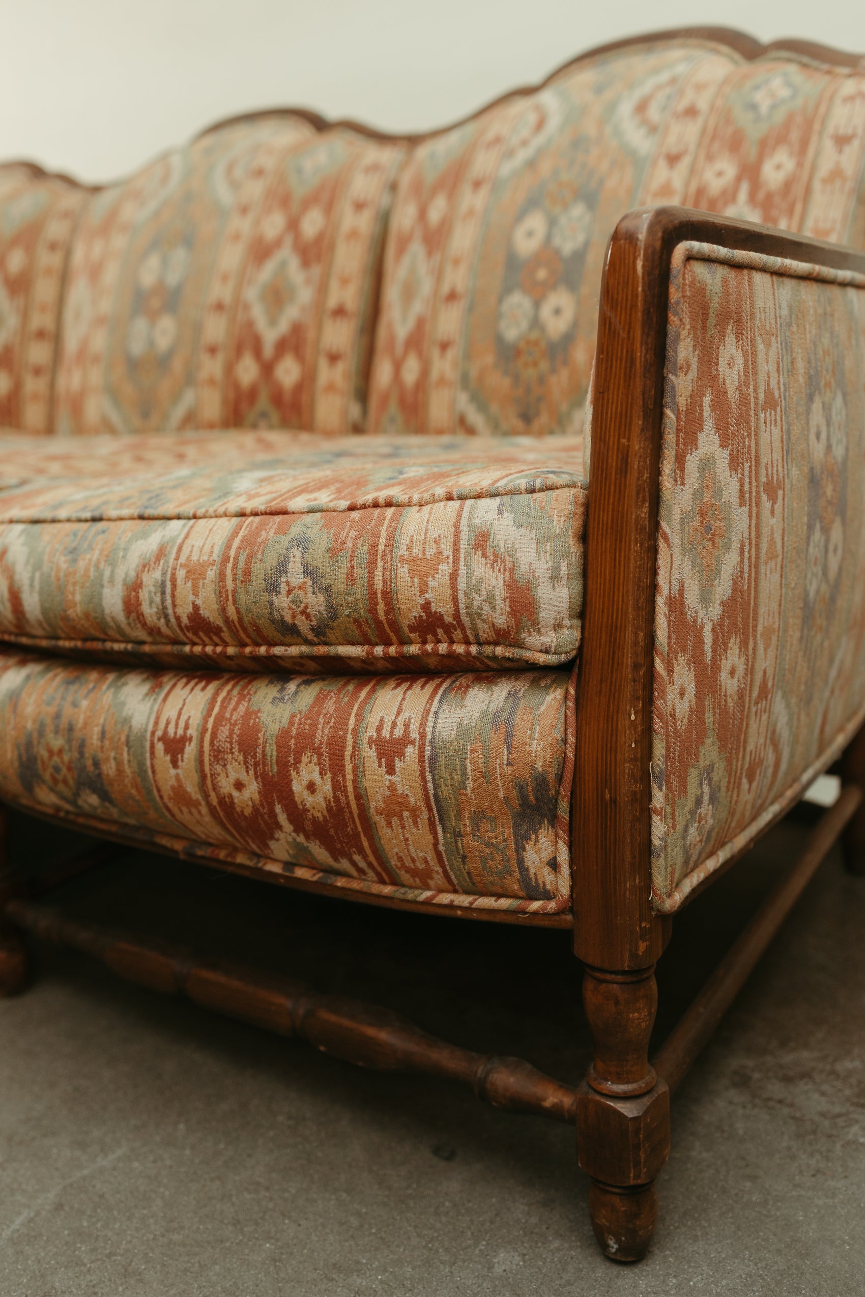 Southwestern-Inspired Vintage 3-Seat Wood Frame Sofa