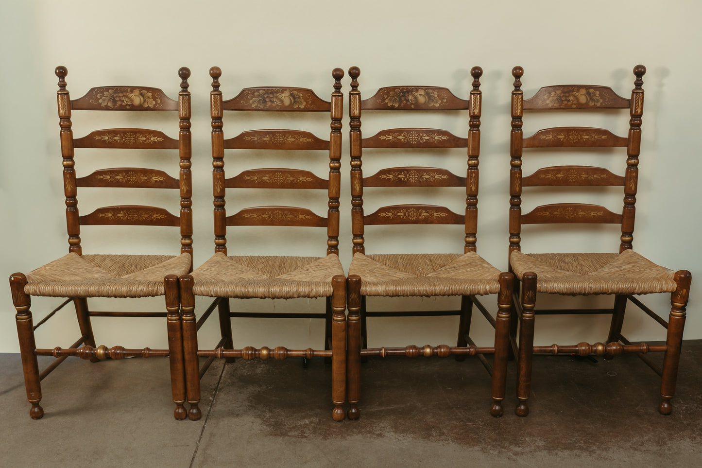Set of 4 Signed Hitchcock Ladder-Back Chairs with Rush Seats