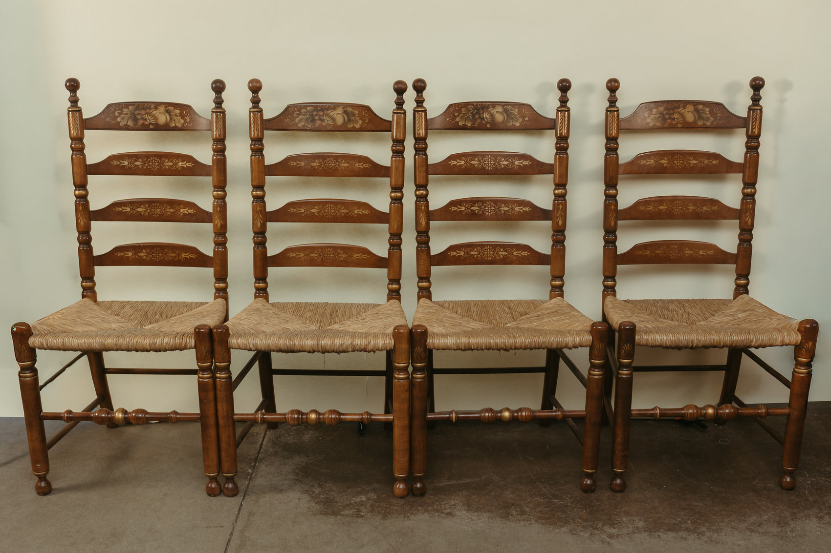 Set of 4 Signed Hitchcock Ladder-Back Chairs with Rush Seats