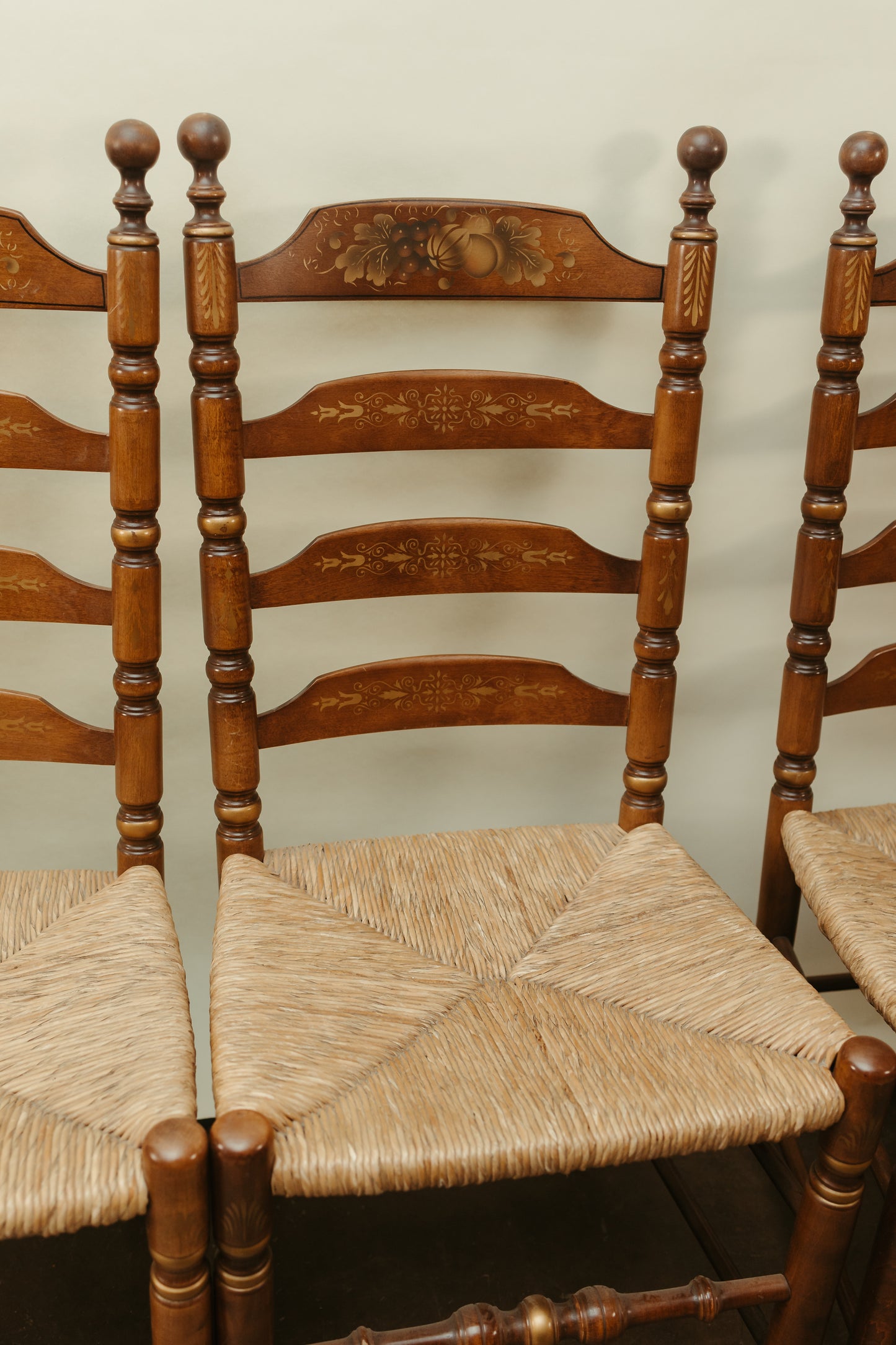 Set of 4 Signed Hitchcock Ladder-Back Chairs with Rush Seats