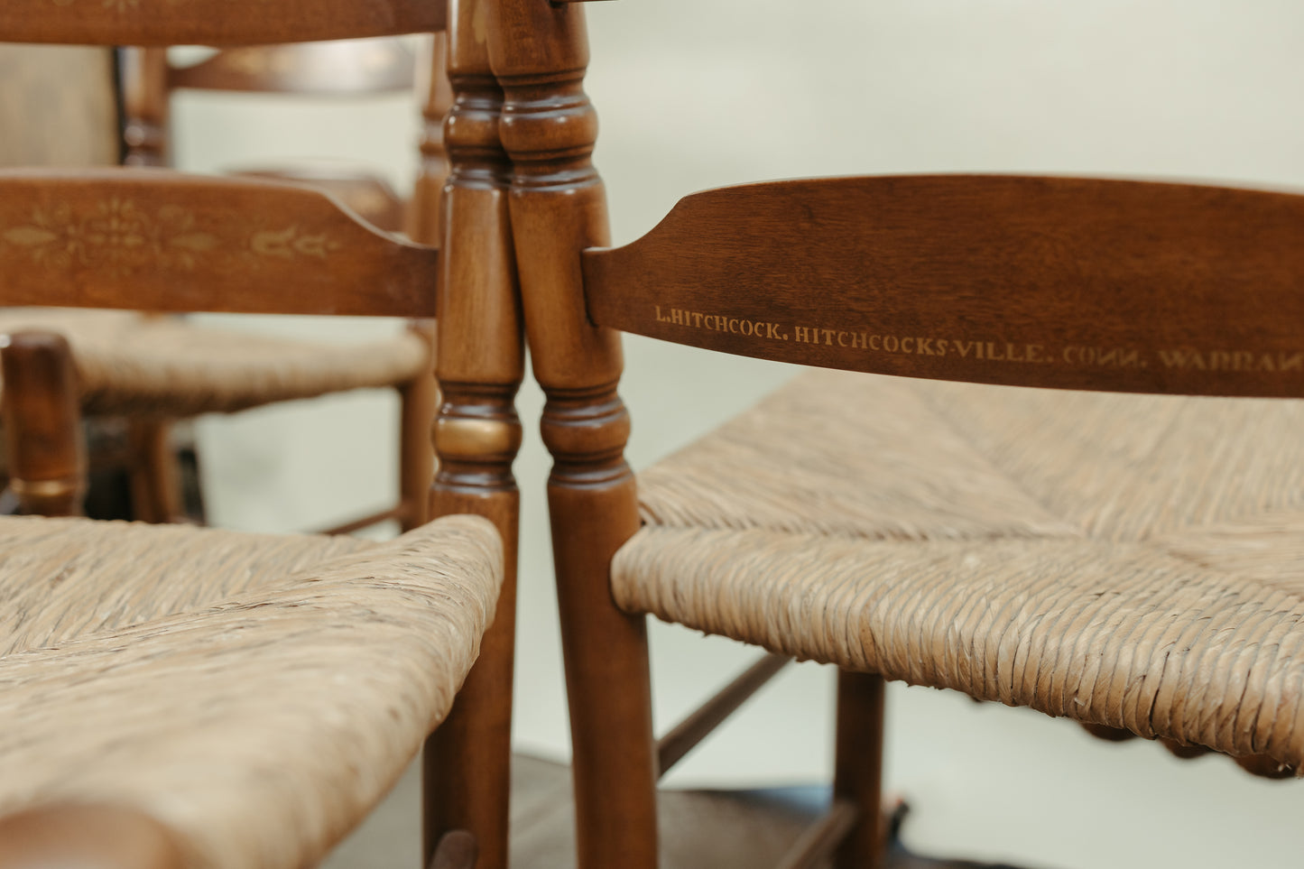 Set of 4 Signed Hitchcock Ladder-Back Chairs with Rush Seats