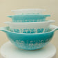 Vintage Pyrex “Butterprint” Cinderella Mixing Bowl Set (4-Piece, Turquoise & White)
