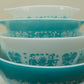 Vintage Pyrex “Butterprint” Cinderella Mixing Bowl Set (4-Piece, Turquoise & White)
