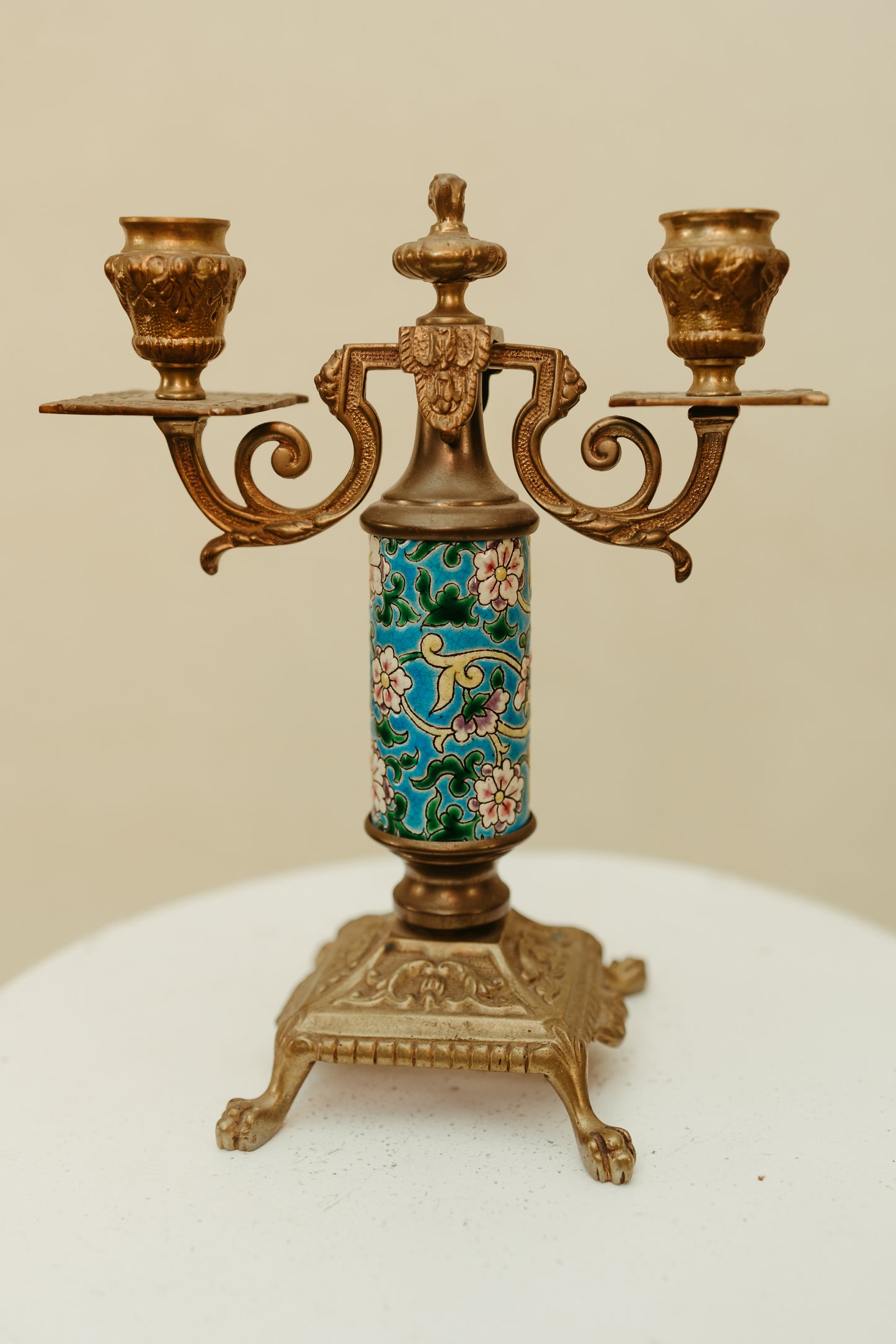 French Longwy Cloisonné Double-Arm Candelabra — Circa 1920–1940