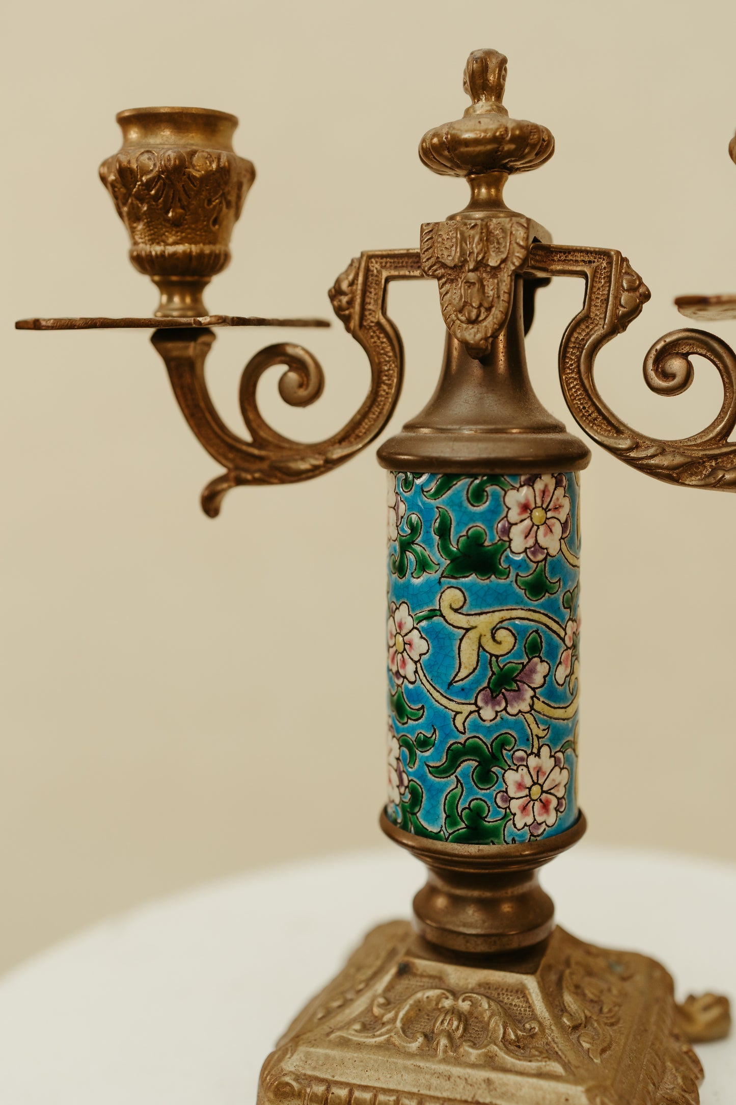 French Longwy Cloisonné Double-Arm Candelabra — Circa 1920–1940