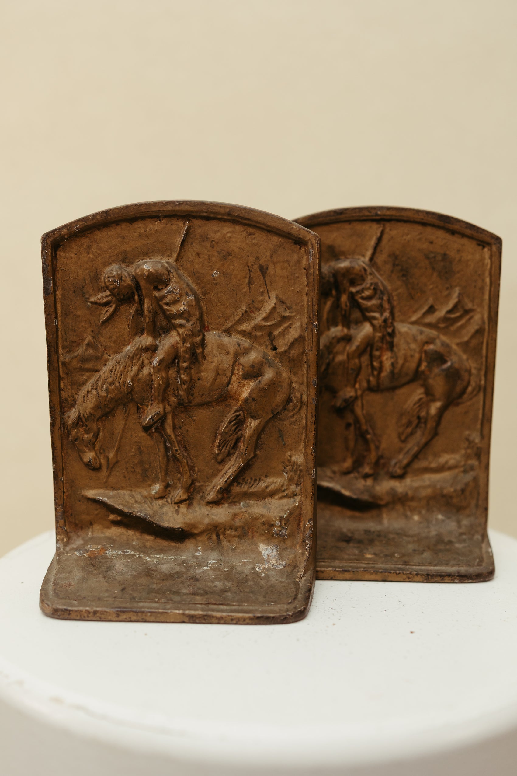 Vintage Bronze Bookends — “End of the Trail” Inspired Scene (Pair)