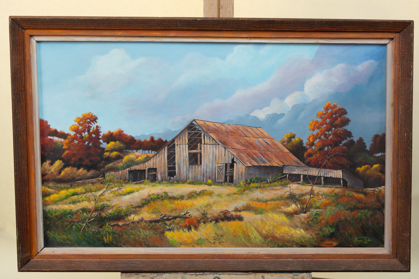 Vintage Original Barn Landscape Painting — Signed “Woody Parker ‘76”