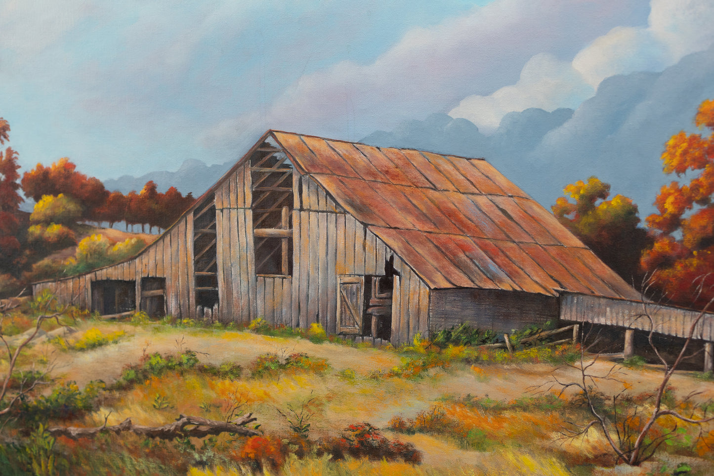 Vintage Original Barn Landscape Painting — Signed “Woody Parker ‘76”