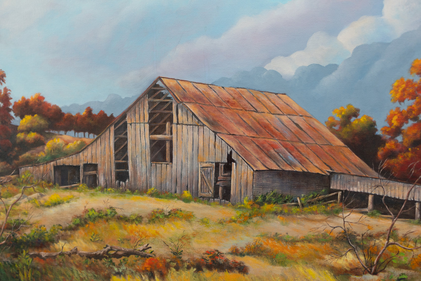 Vintage Original Barn Landscape Painting — Signed “Woody Parker ‘76”