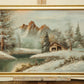 Vintage Winter Landscape Oil Painting – Cabin & Mountain Scene