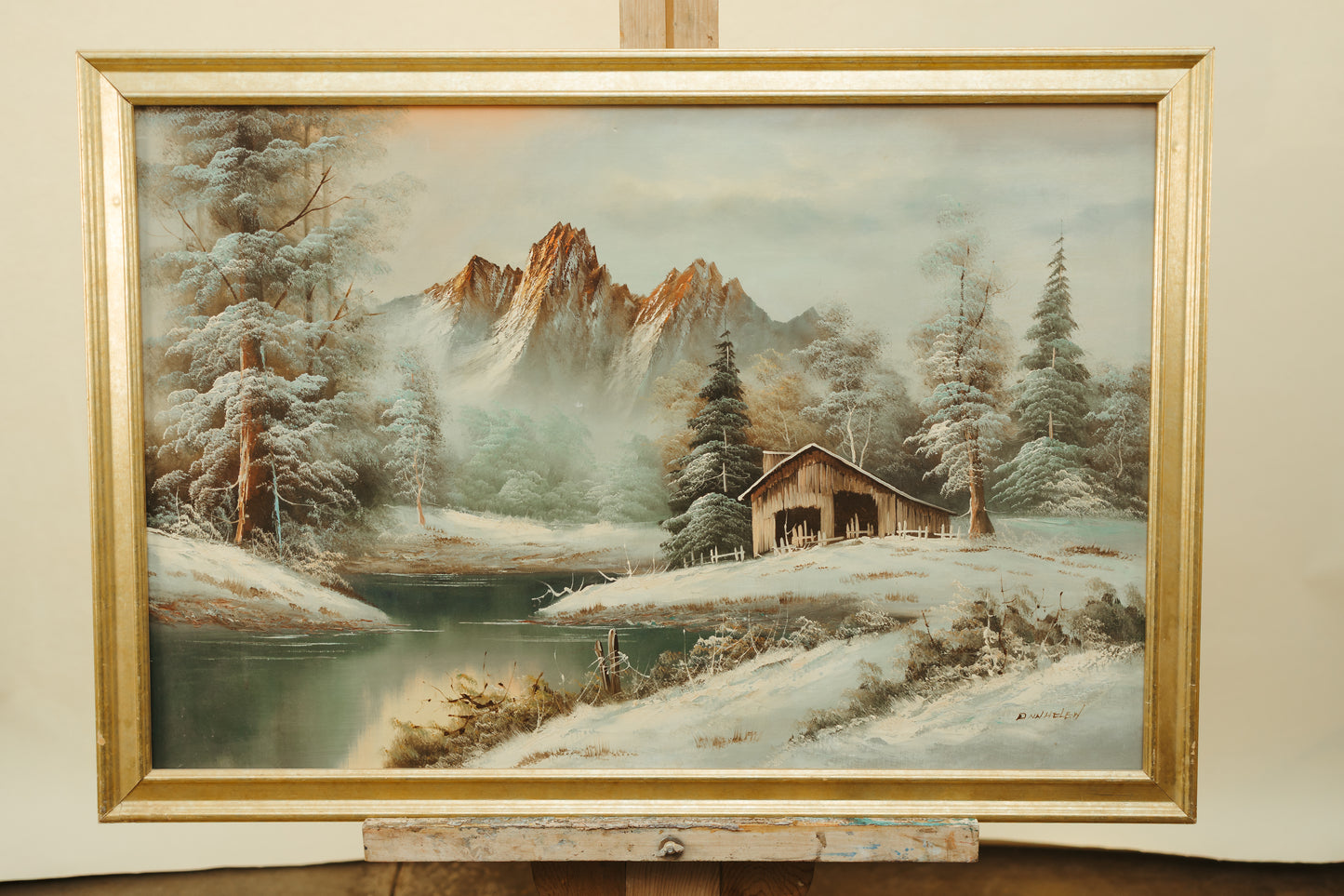 Vintage Winter Landscape Oil Painting – Cabin & Mountain Scene
