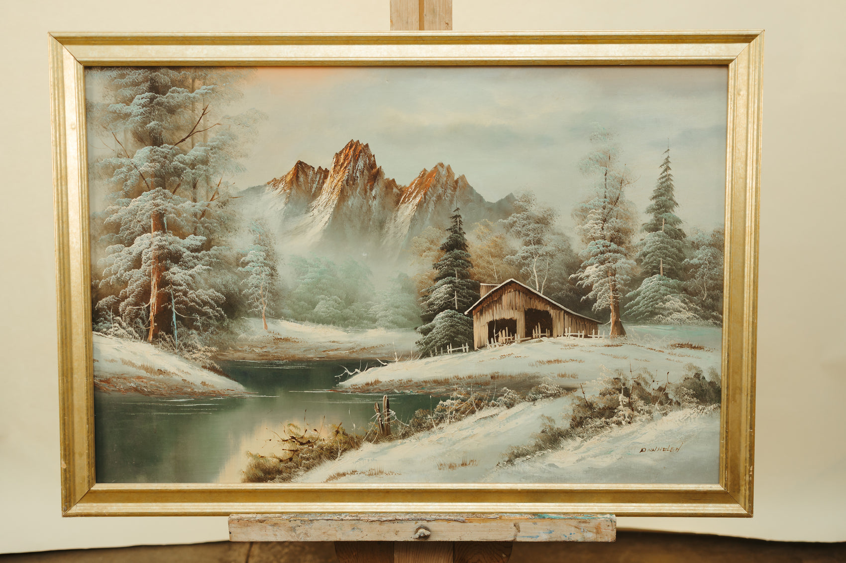 Vintage Winter Landscape Oil Painting – Cabin & Mountain Scene