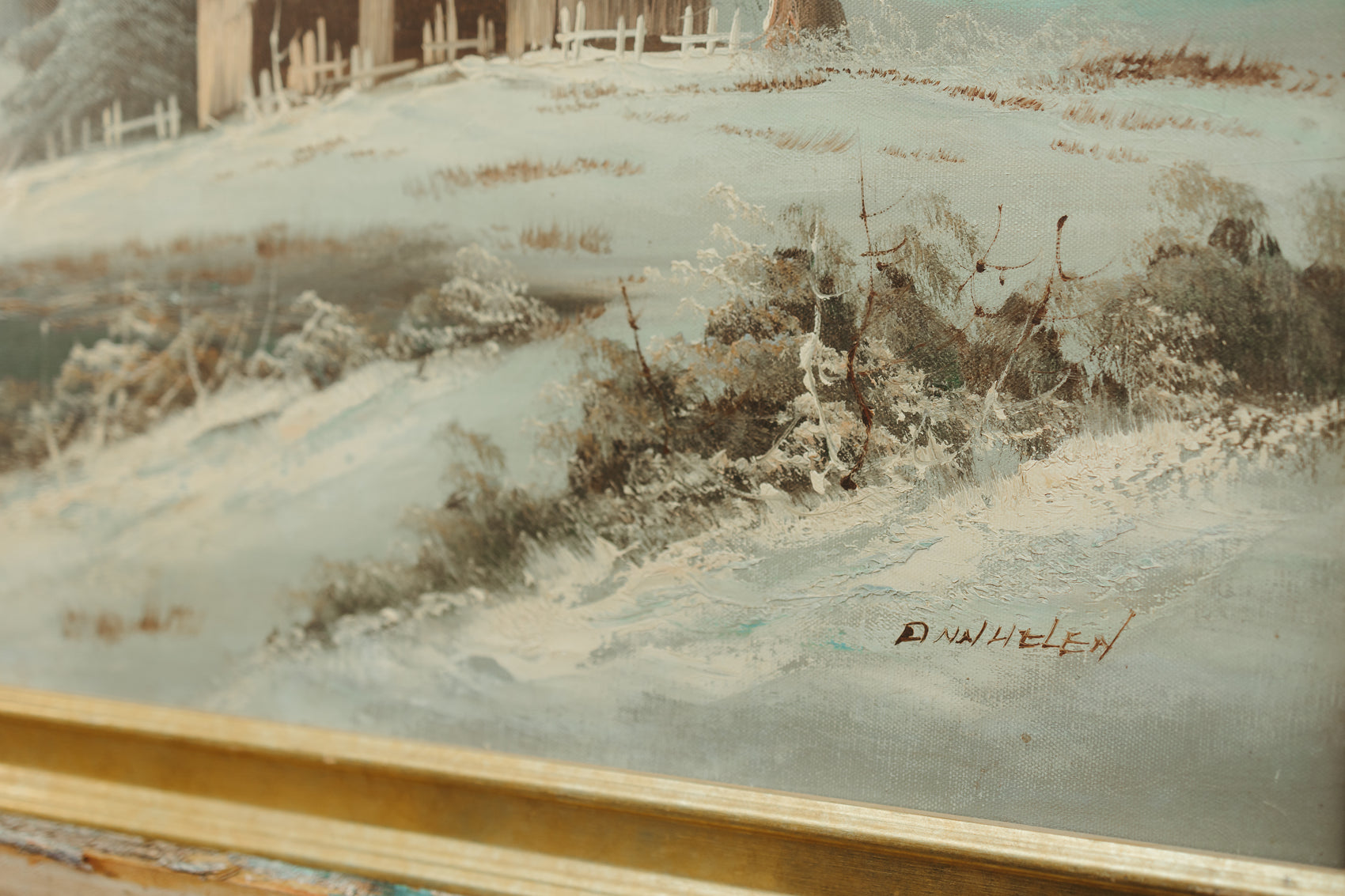 Vintage Winter Landscape Oil Painting – Cabin & Mountain Scene