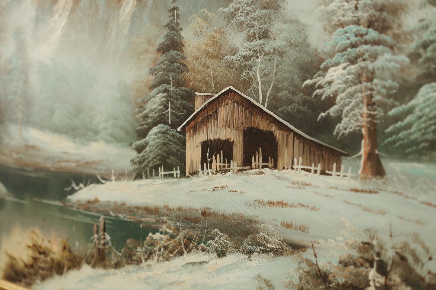 Vintage Winter Landscape Oil Painting – Cabin & Mountain Scene