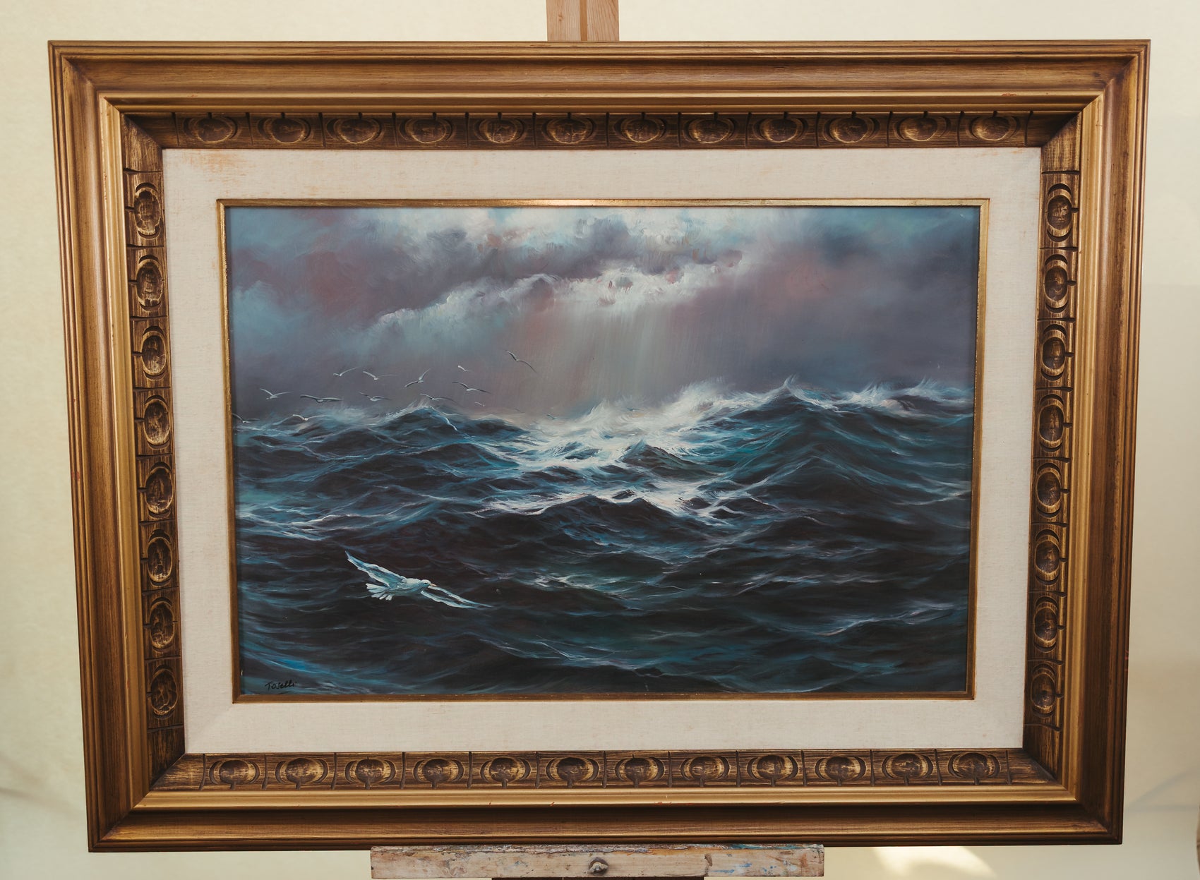 Vintage Framed Ocean Painting by Toselli – Stormy Seas