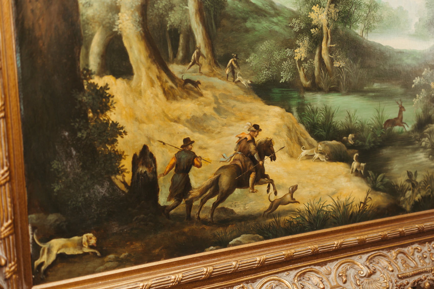 Antique-Style Framed Landscape Oil Painting with Hunting Scene.