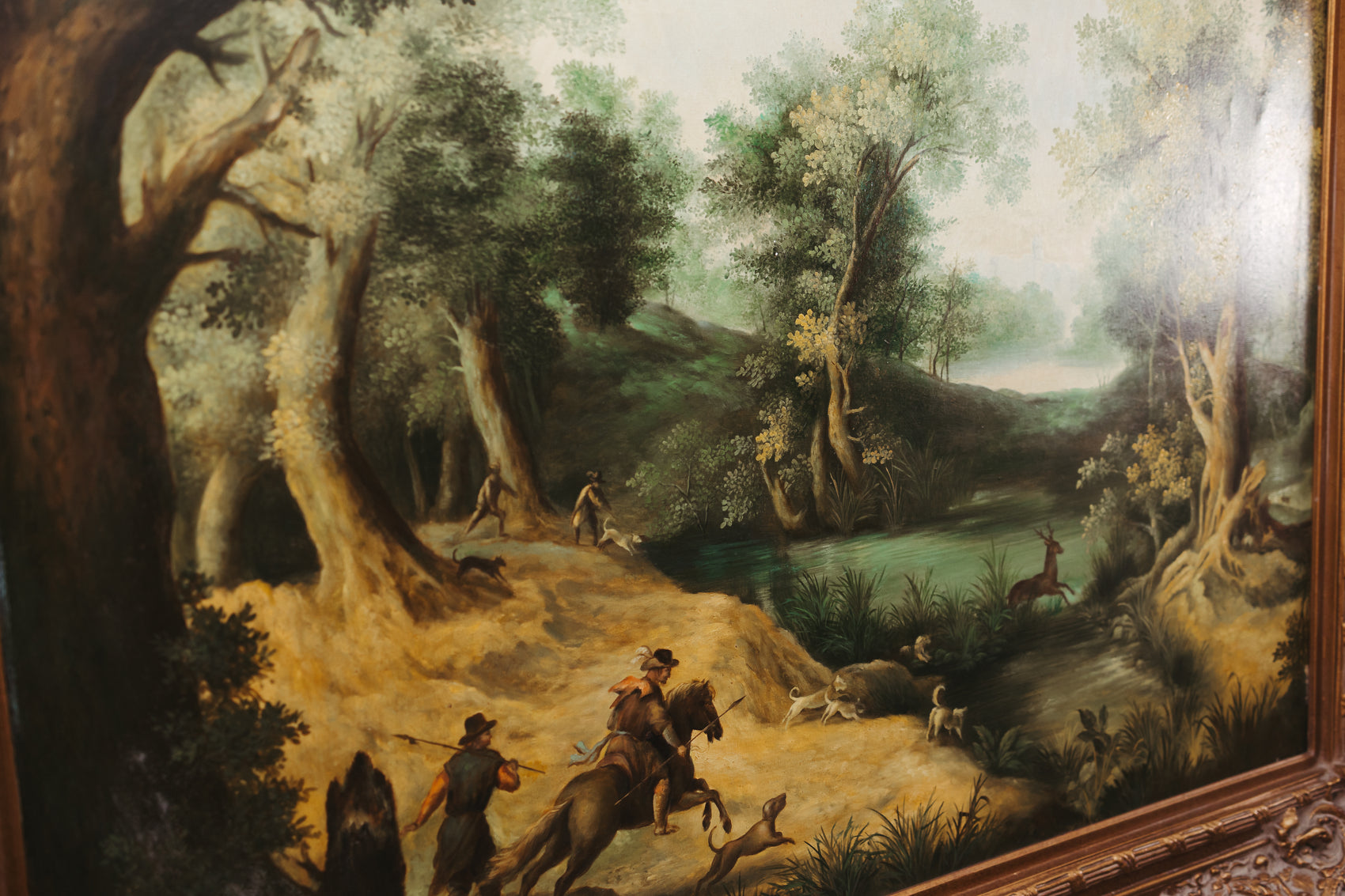 Antique-Style Framed Landscape Oil Painting with Hunting Scene.