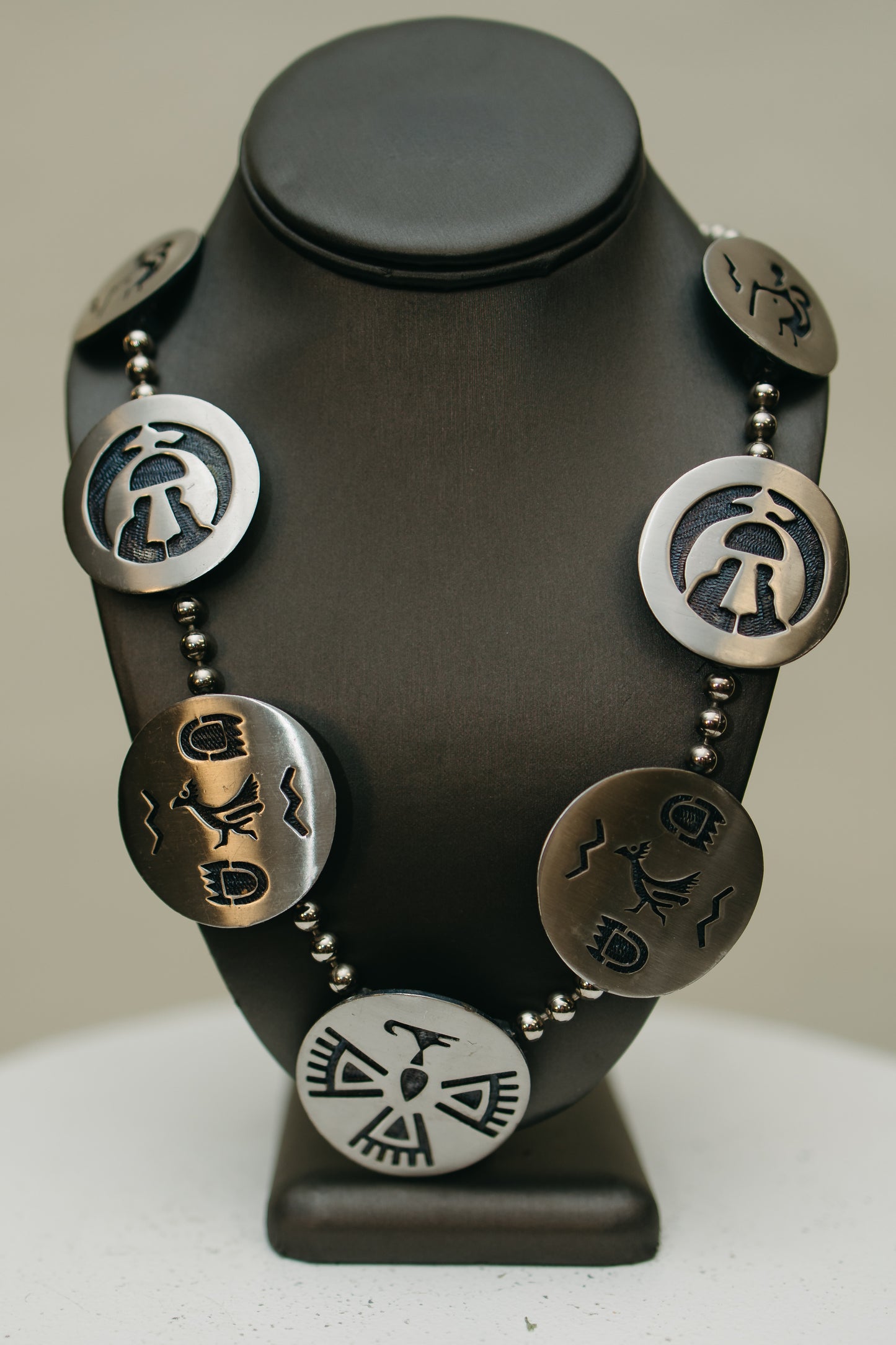 Vintage Southwestern Sterling Silver Necklace – Large Hand-Cut Symbol Medallions