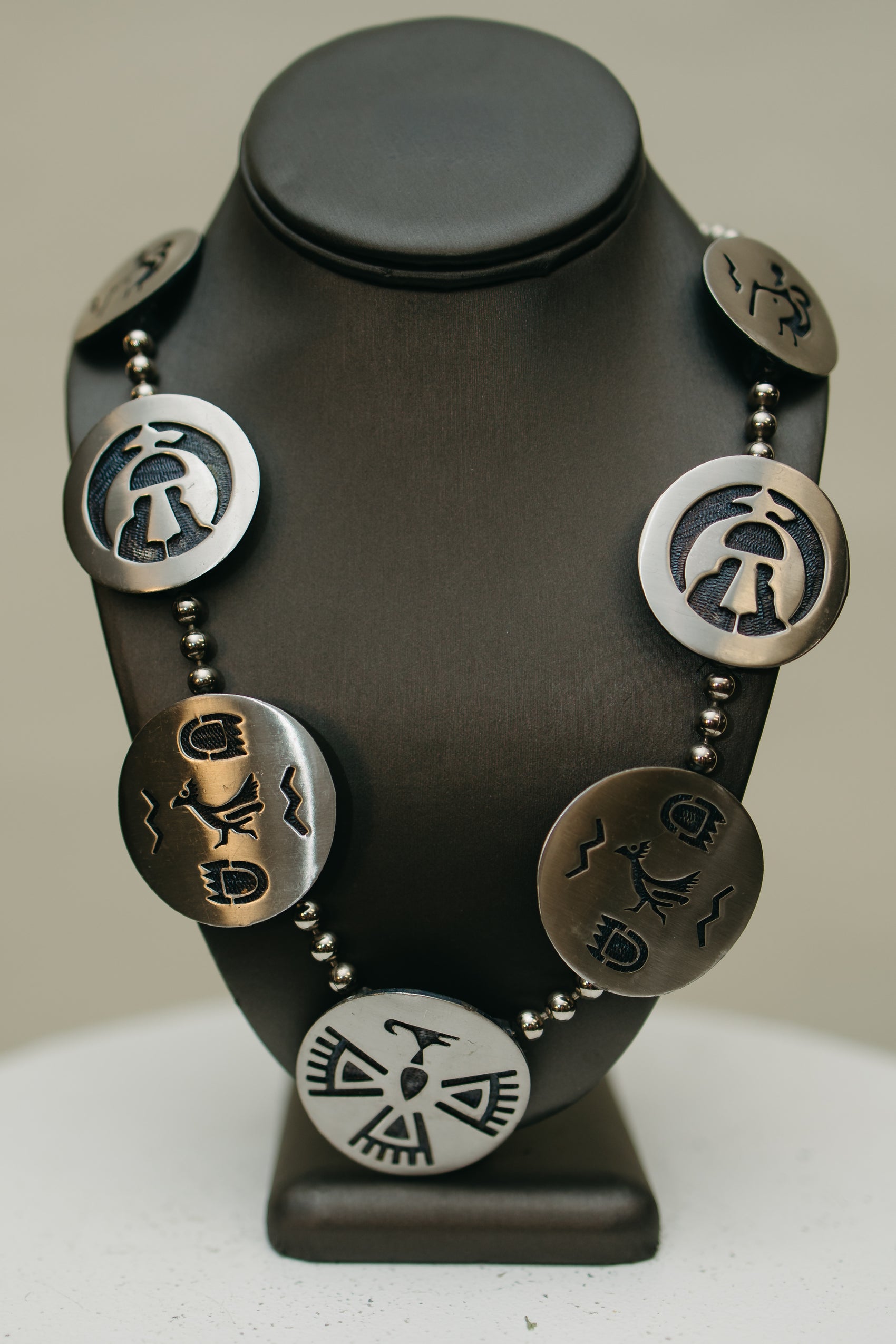 Vintage Southwestern Sterling Silver Necklace – Large Hand-Cut Symbol Medallions