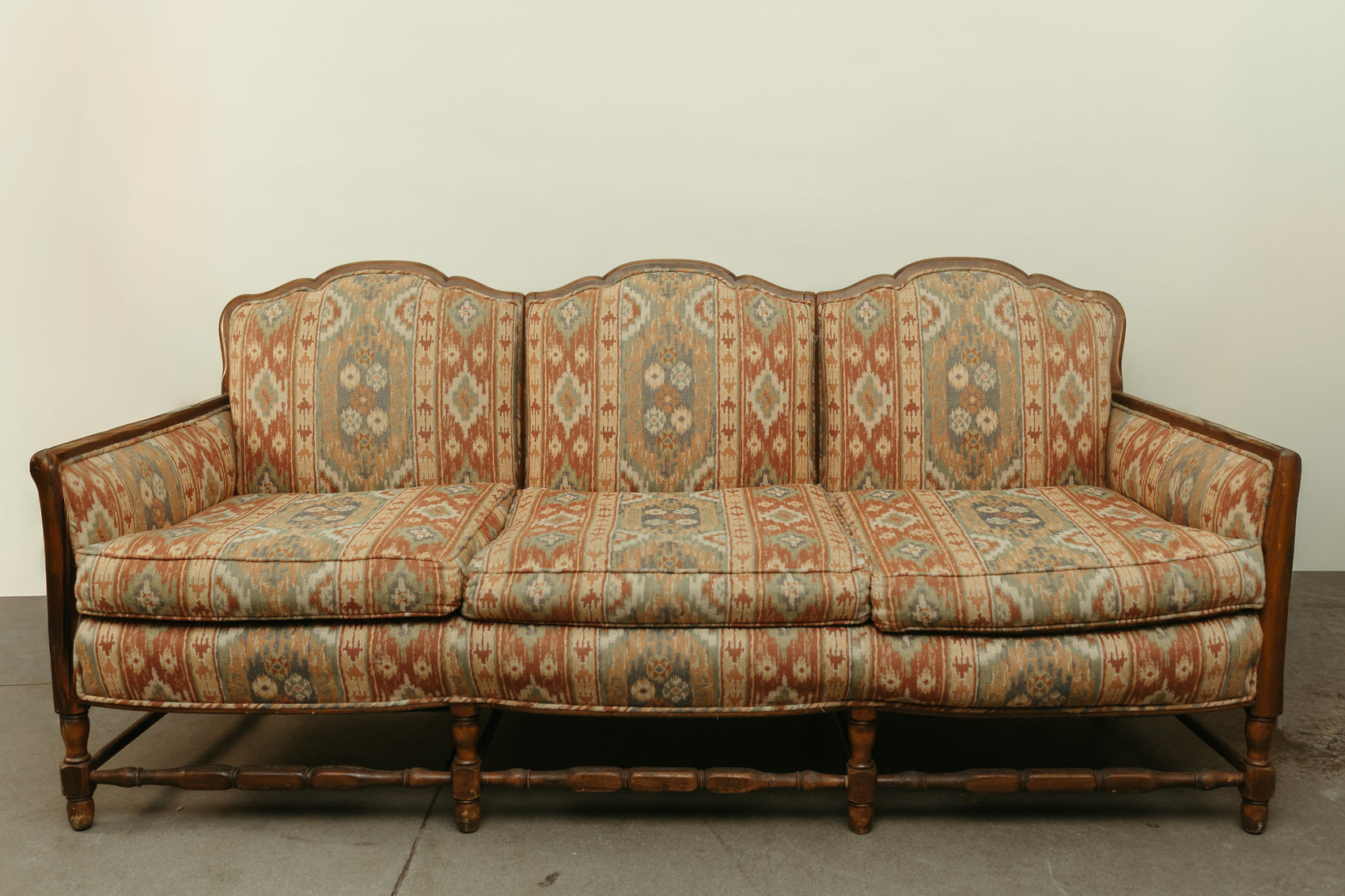 Southwestern-Inspired Vintage 3-Seat Wood Frame Sofa